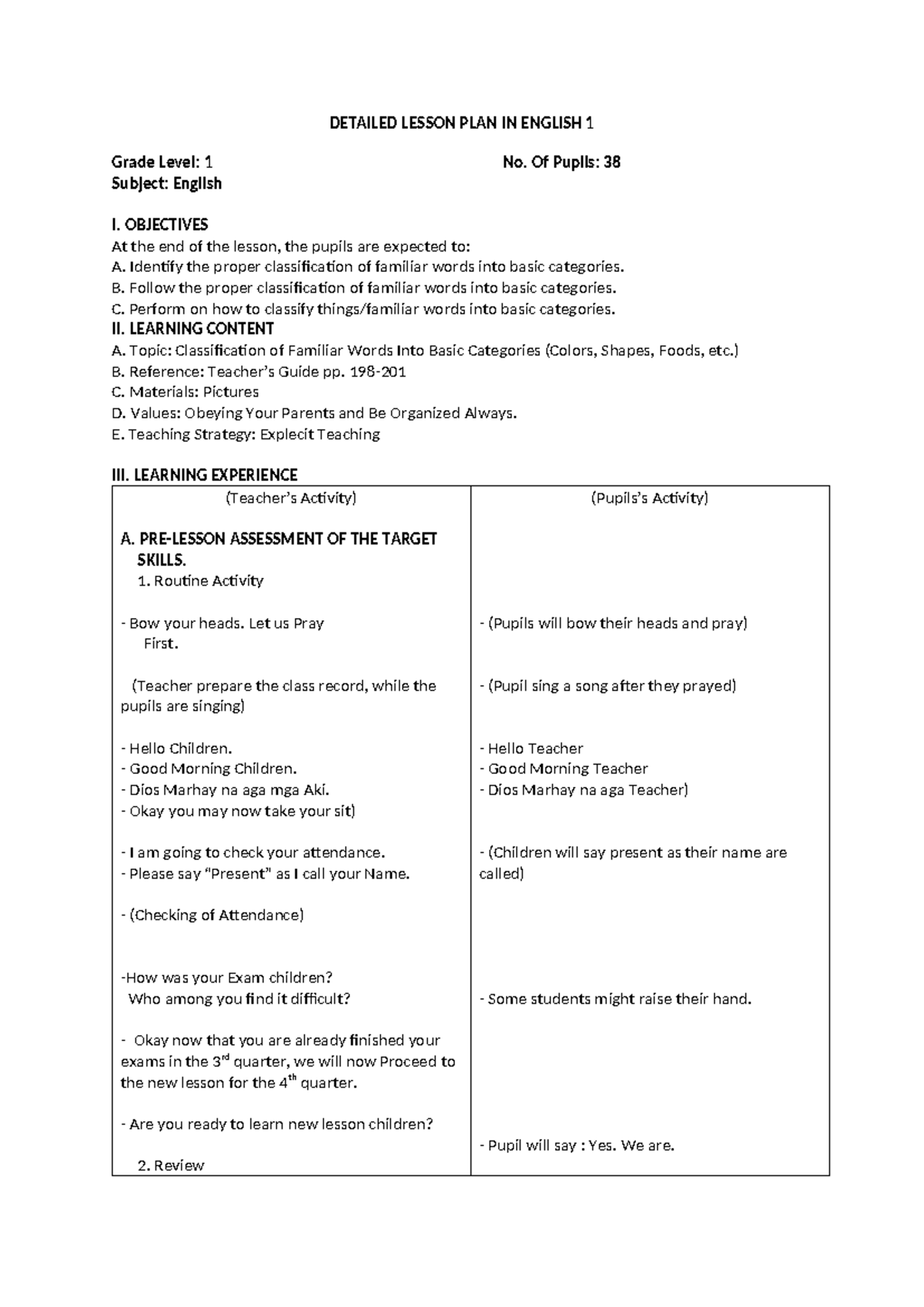 Detailed Lesson Plan for English 1: Classifying Familiar Words - Studocu