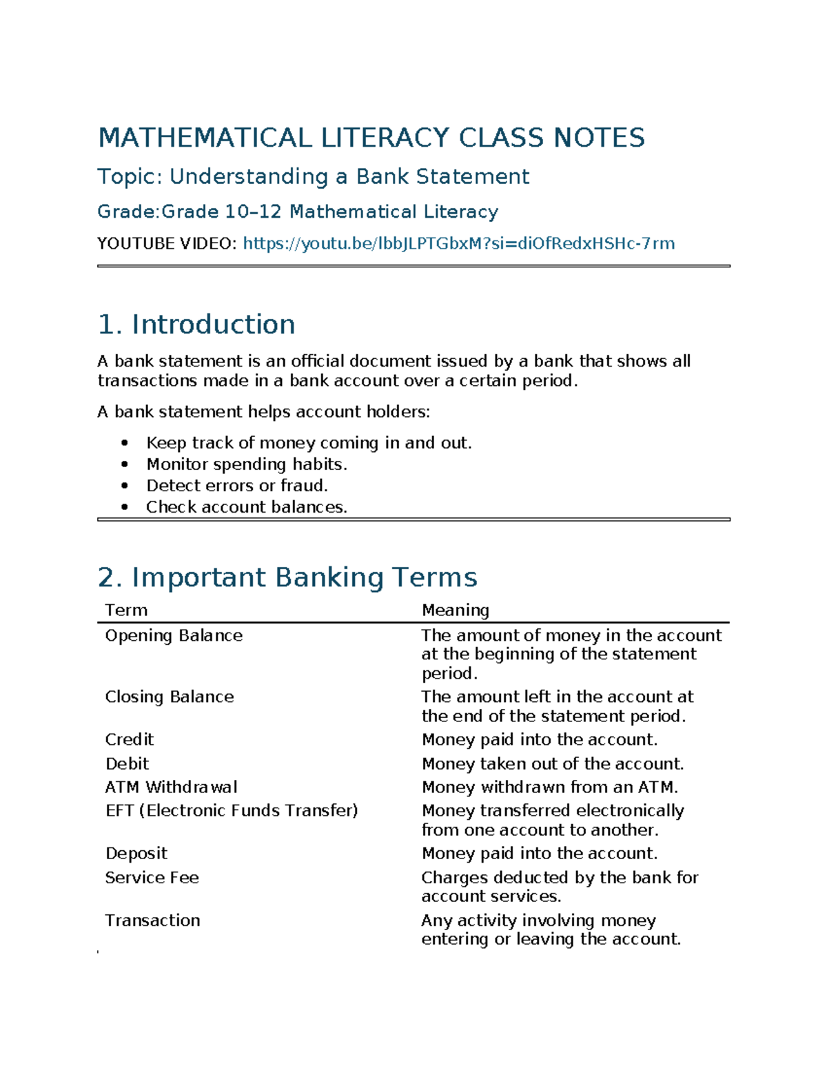 MATHEMATICAL LITERACY CLASS NOTES: Bank Statement Overview & Activities ...