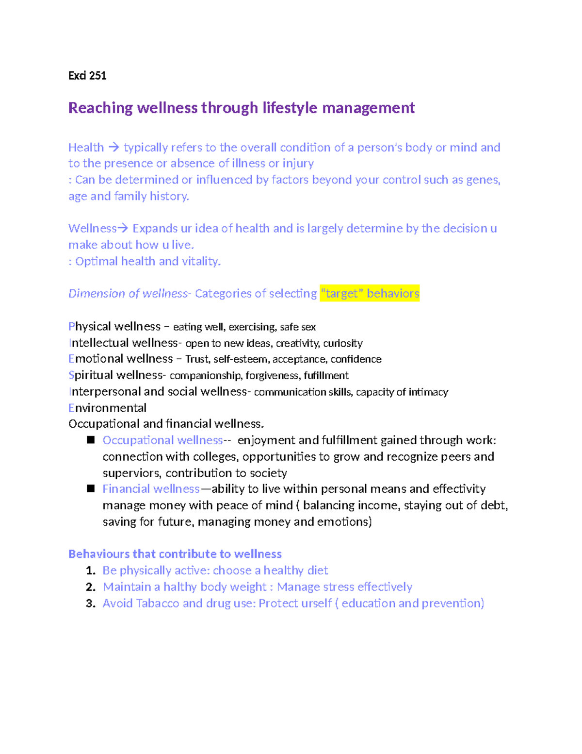 Exci 251 Exercise Science Notes: Wellness and Lifestyle Management ...