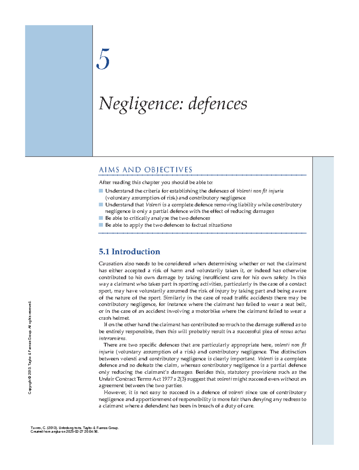 Unlocking Torts: Chapter 5 - Negligence Defences Explained - Studocu