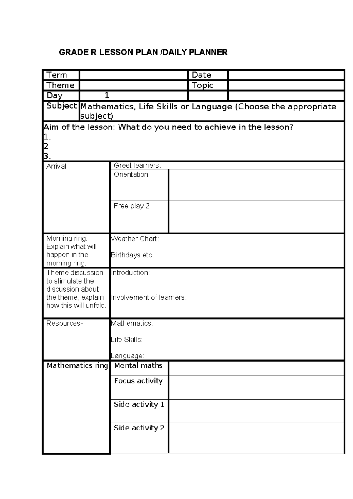 Grade R Lesson Plan - Mathematics, Life Skills & Language - Studocu