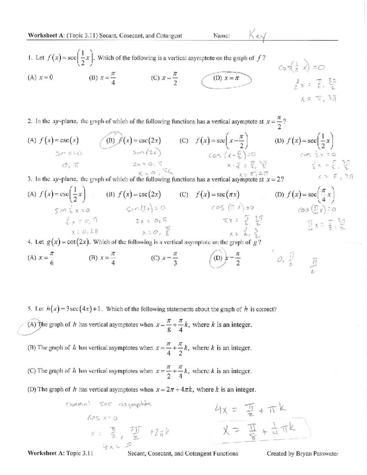 Worksheet A: Topic 3.11 Secant, Cosecant, and Cotangent Functions HW ...