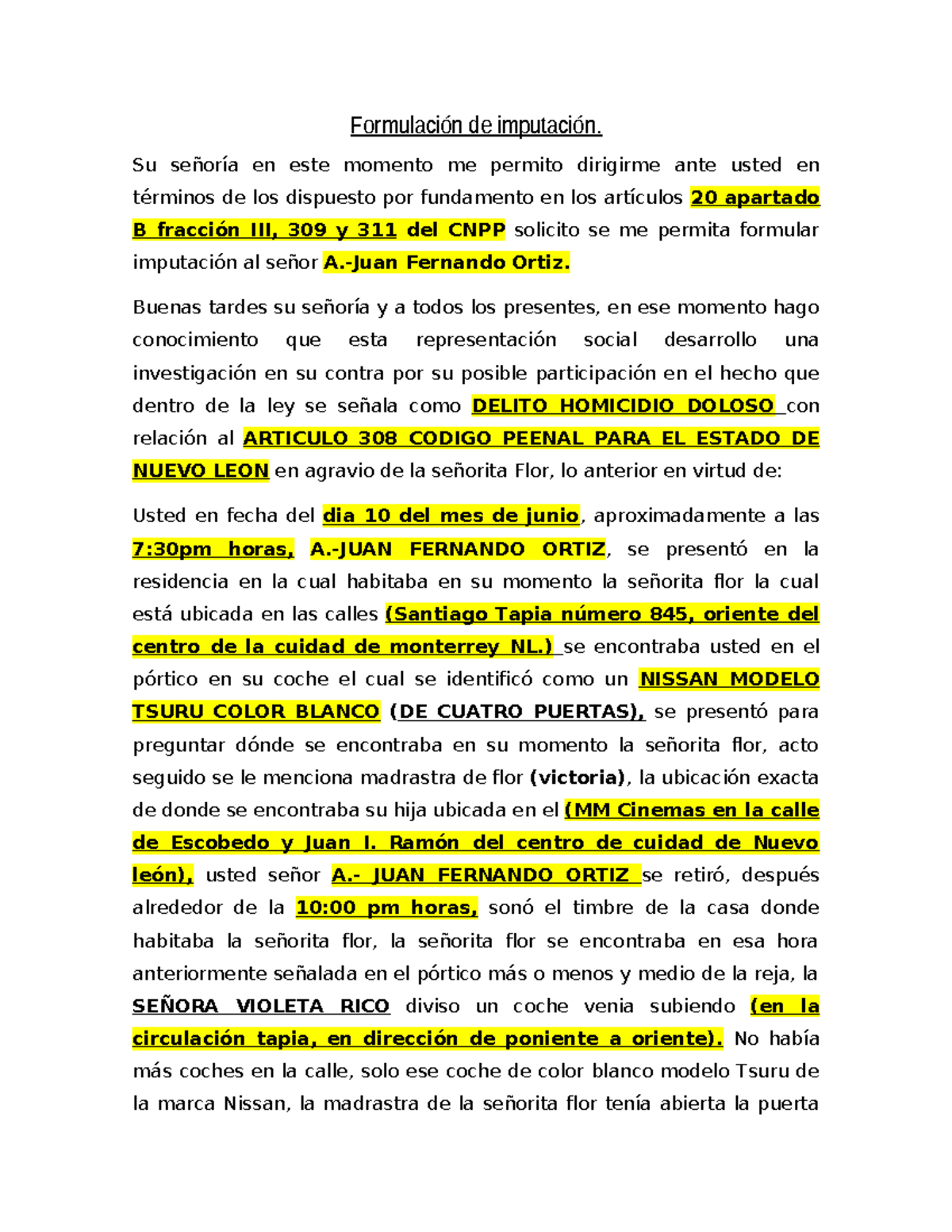 Formulación de Imputación en Caso de Homicidio Doloso 1-1 - Document Preview