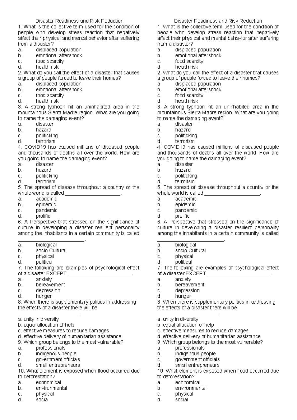 Disaster Readiness and Risk Reduction Q3 Summative Exam Questions - Studocu