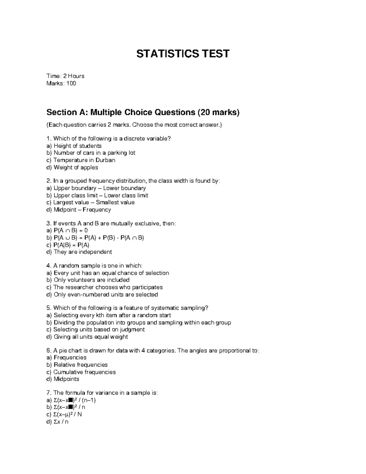 STATISTICS TEST (STAT101) - Practice Questions and Answers - Studocu
