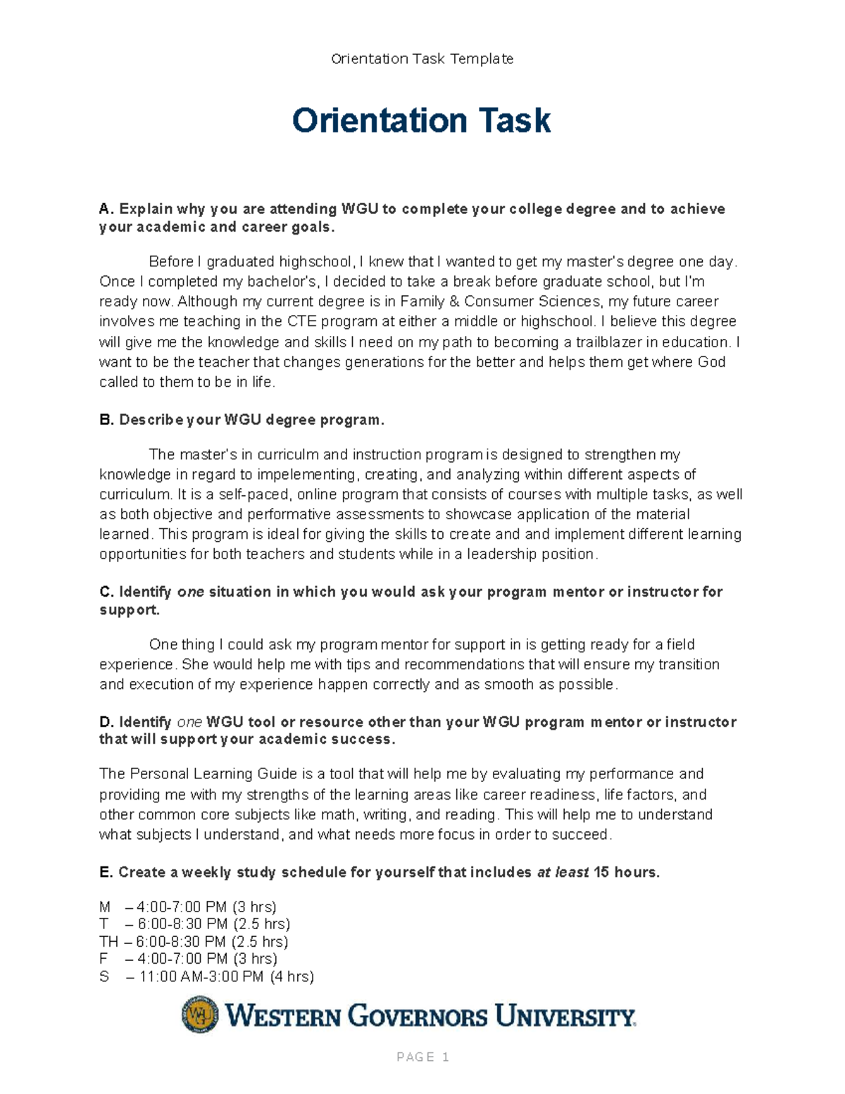 JD-Orientation Task: My Journey at WGU and Academic Goals - Studocu