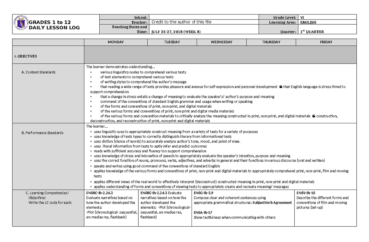 Daily Lesson Log (DLL) for English 6 - Quarter 1, Week 8 - Studocu