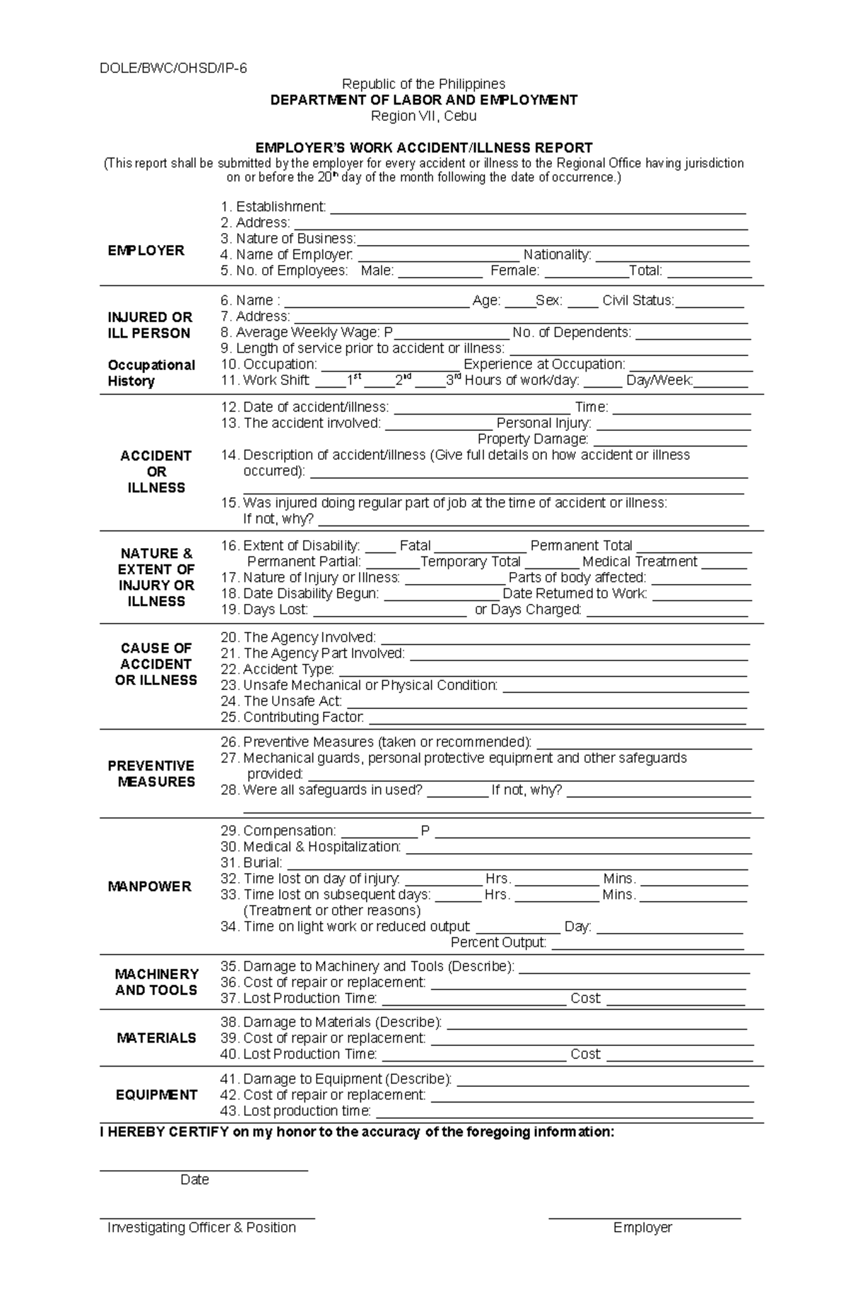 Employer's Work Accident Report (Philippines) - DOLE/BWC/OHSD/IP - Studocu