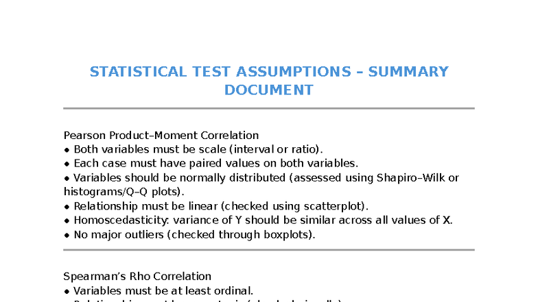 STAT 101: Summary of Statistical Test Assumptions and Guidelines - Studocu