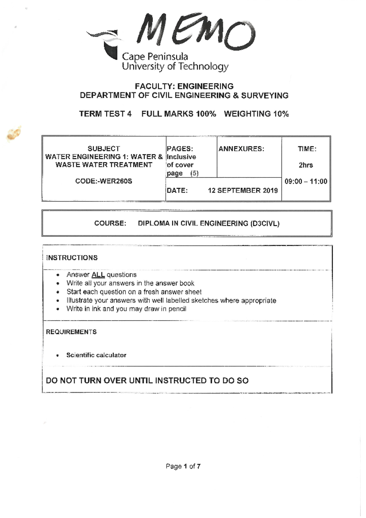 MEMO T4 - Memo test 4 - M 1EMO Cape Peninsula University of Technology ...