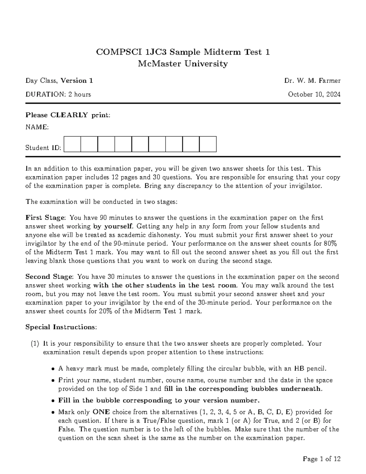 Midterm 2 Sample Solutions for COMPSCI 1JC3 - McMaster University - Studocu