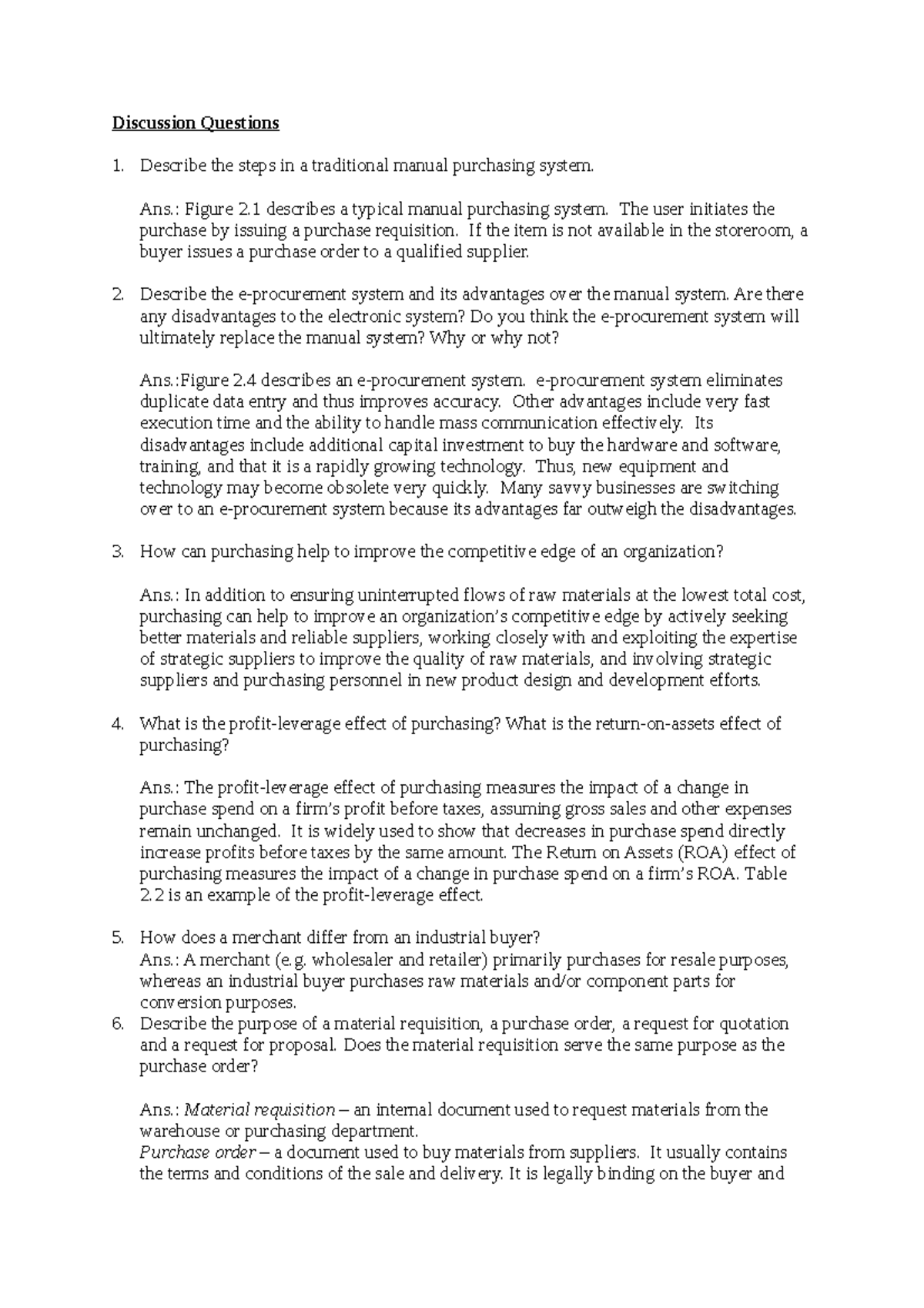 SMG470s Chapter 2 Discussion Questions on Supply Chain Management - Studocu