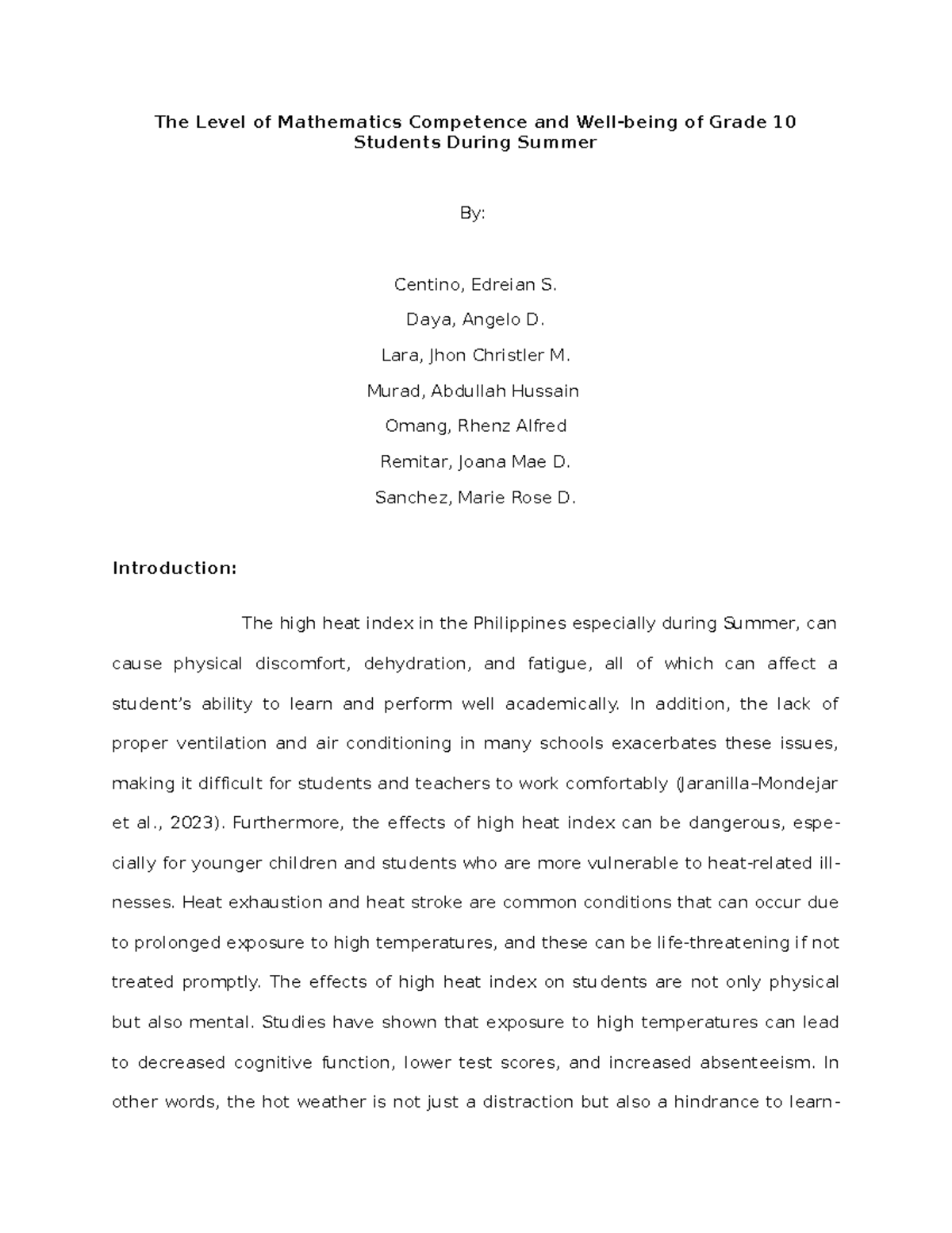 Mathematics Competence & Well-being of Grade 10 Students in Summer ...