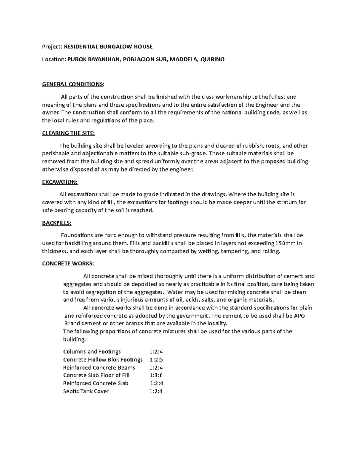 Specifications for Residential Bungalow House Construction - LECTURE ...