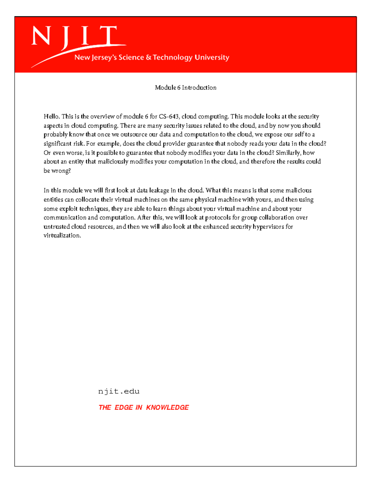 Module 06 intro - Lecture notes - Module 6 Introduction Hello. This is ...