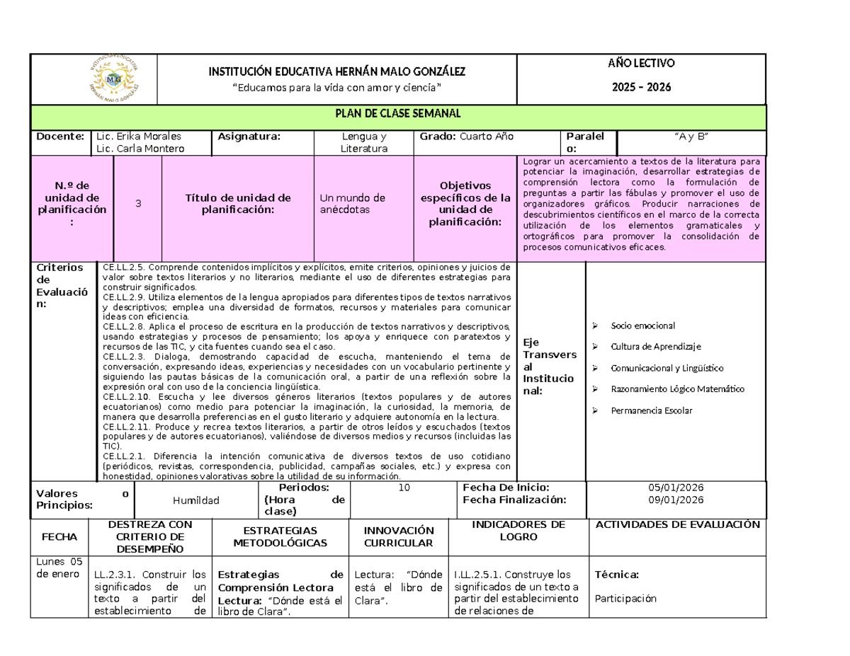 PLAN DE CLASE SEMANAL 2025-2026 - INSTITUCIÓN EDUCATIVA HERNÁN MALO ...