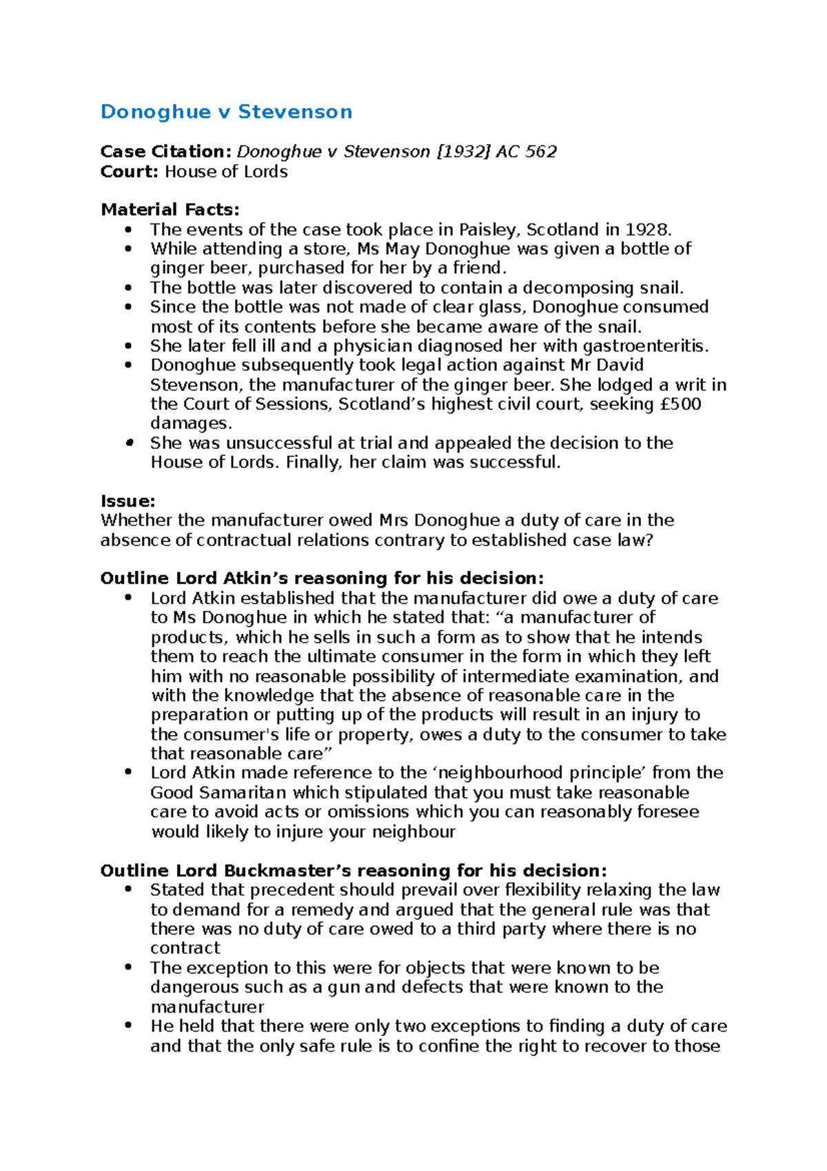 Donoghue v Stevenson [1932] AC 562 Case Summary & Analysis - Studocu