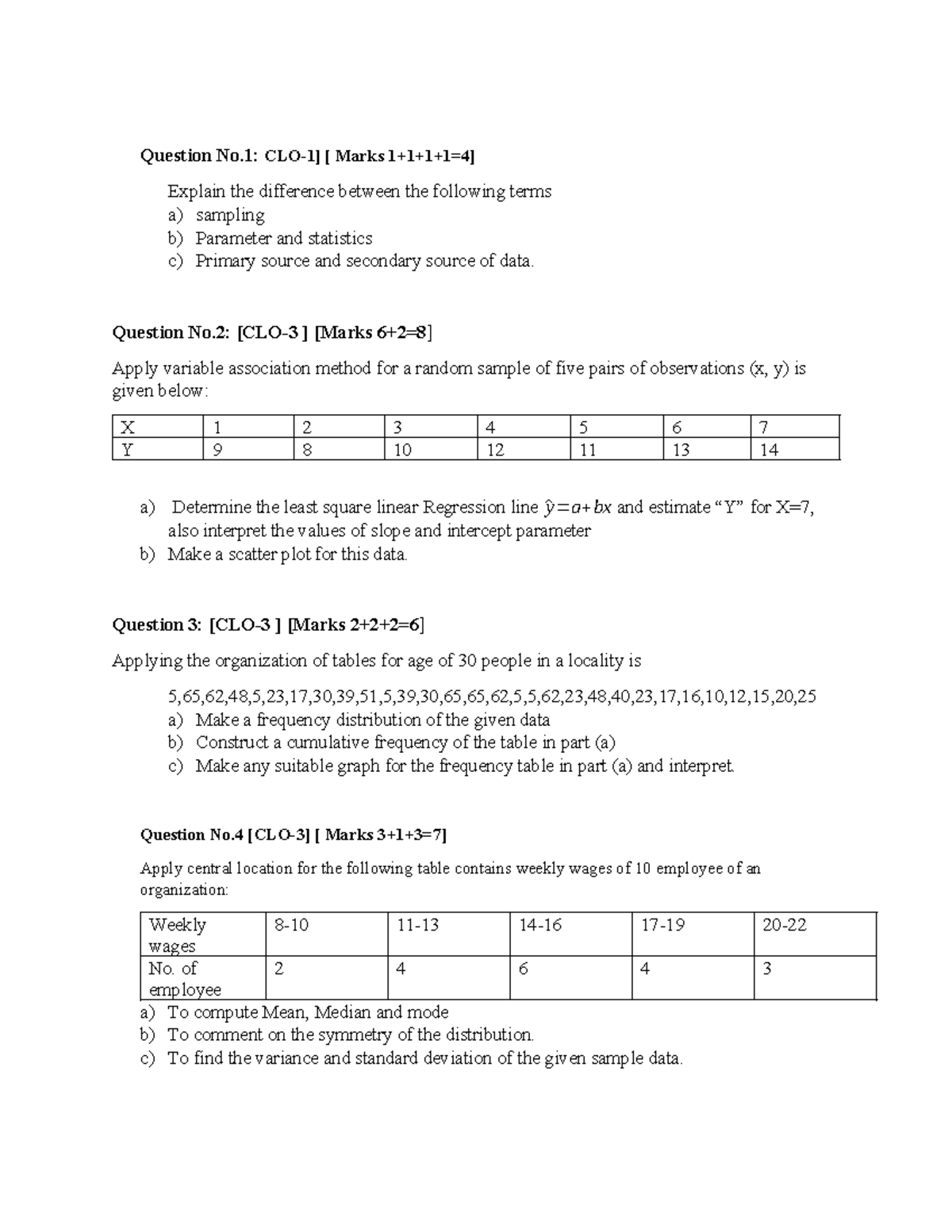 Stats Sample Questions for Coursr Code: Stat101 (CLO-1 and CLO-3) - Studocu
