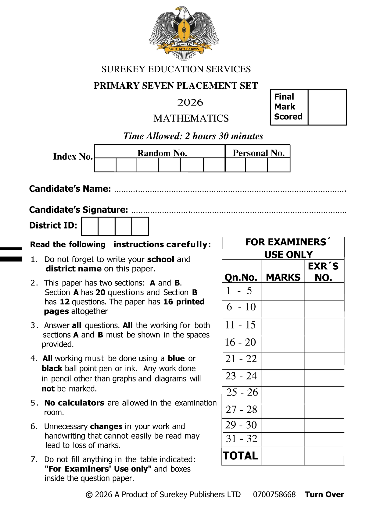 P7 MATHEMATICS SUREKEY PLACEMENT PAPER & MARKING GUIDE 2026 - Studocu