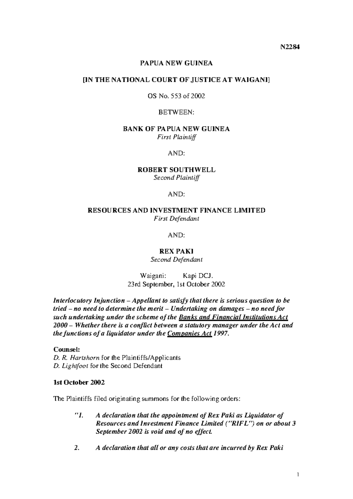 N2284 Interlocutory Injunction: Bank of PNG v RIFL (1 Oct 2002) - Studocu