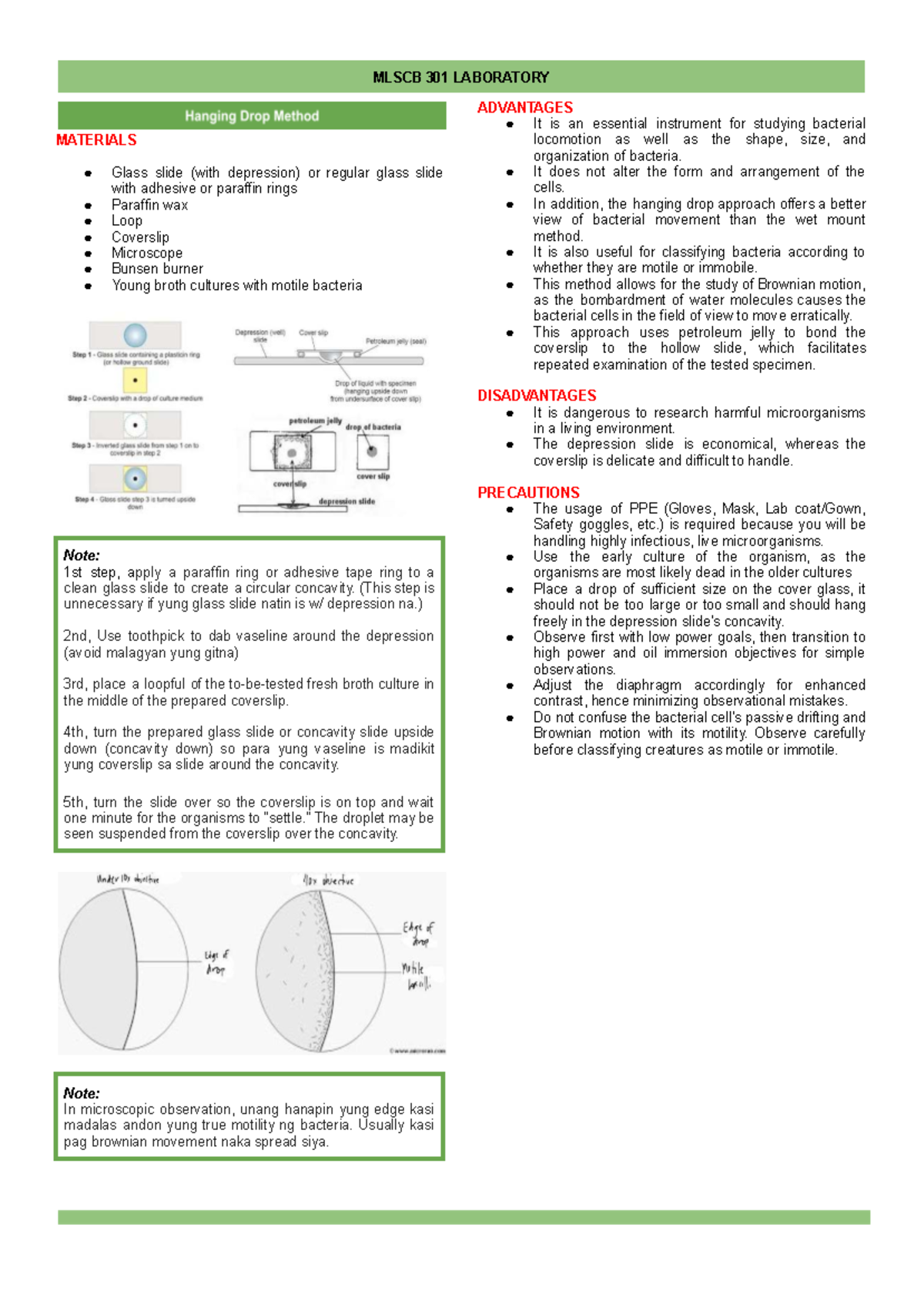 MLSCB 301 LAB: Staining & Hanging Drop Method for Bacterial Study - Studocu