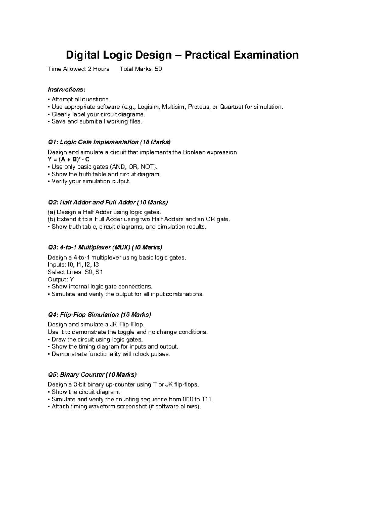 DLD Practical Exam: Digital Logic Design (2 Hours, 50 Marks) - Studocu