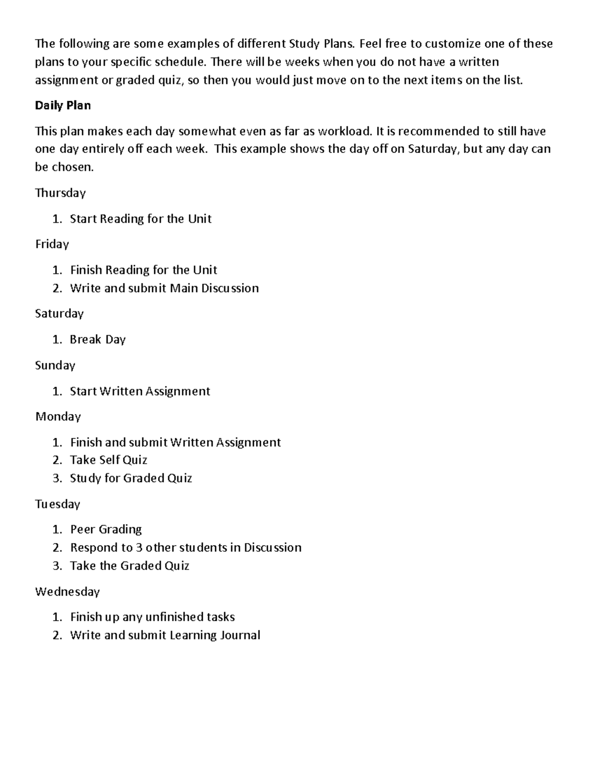 Example Study Plans for use at Uo People - The following are some ...