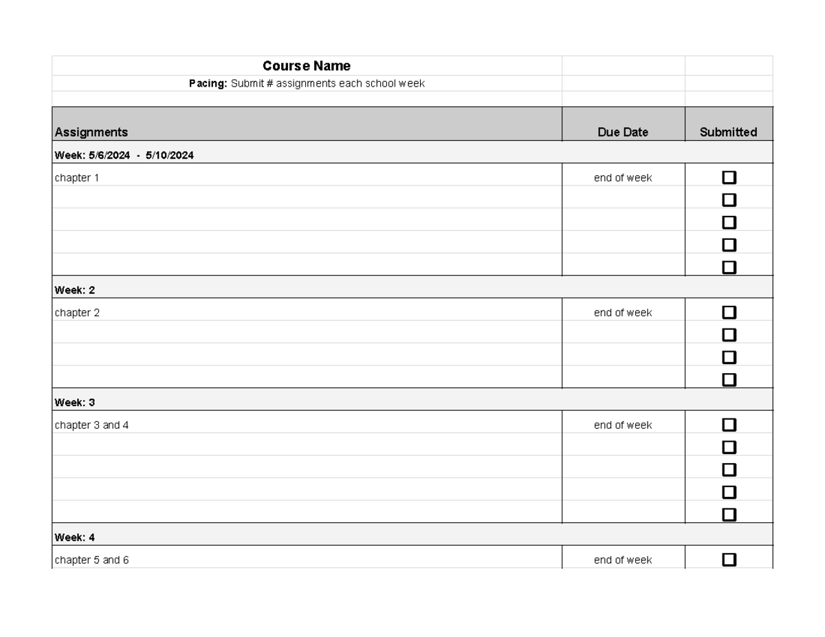 Copy of Pacing Guide Template - Course Pacing Guide - Course Name ...