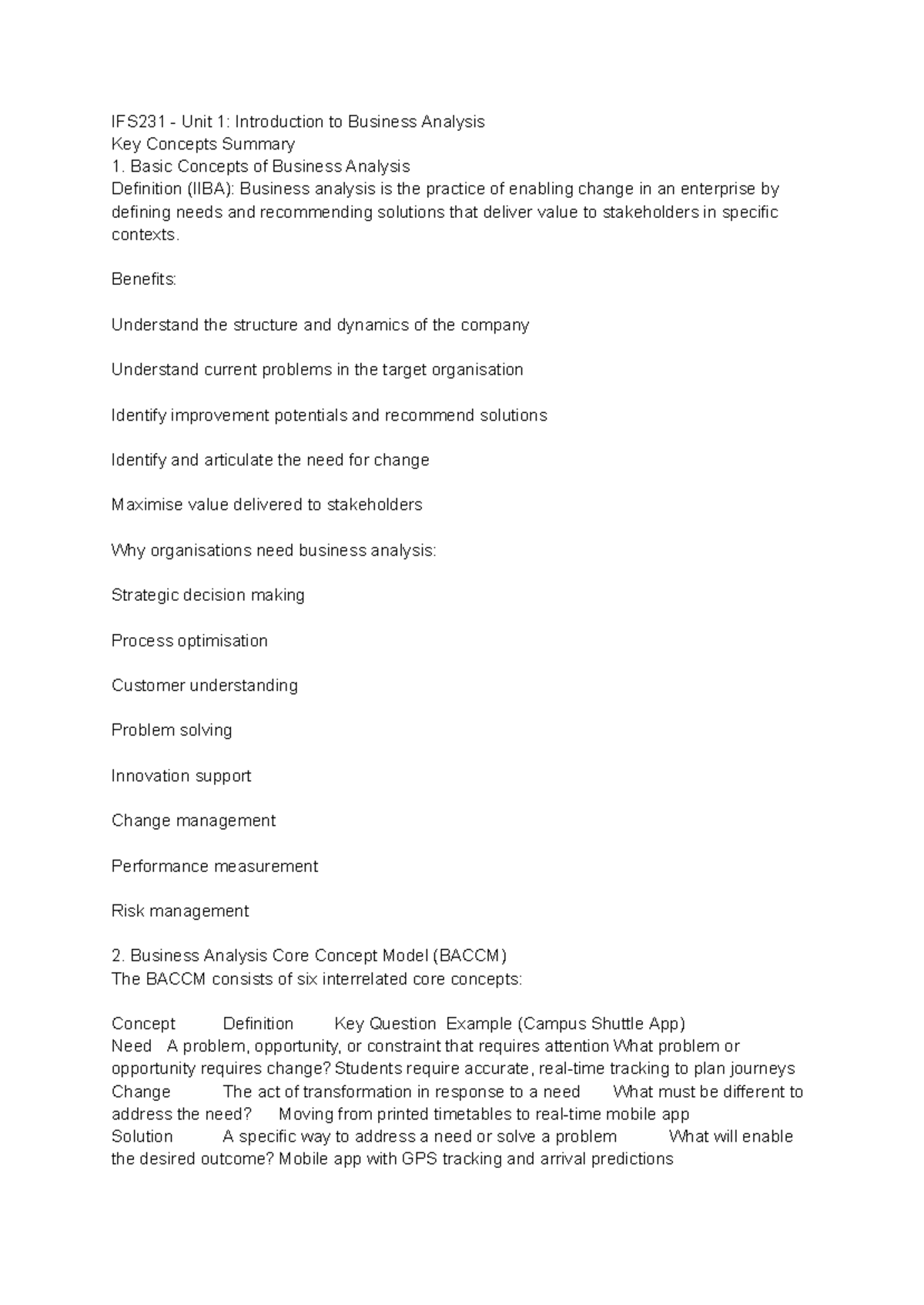IFS231 Unit 1: Key Concepts in Business Analysis Summary - Studocu