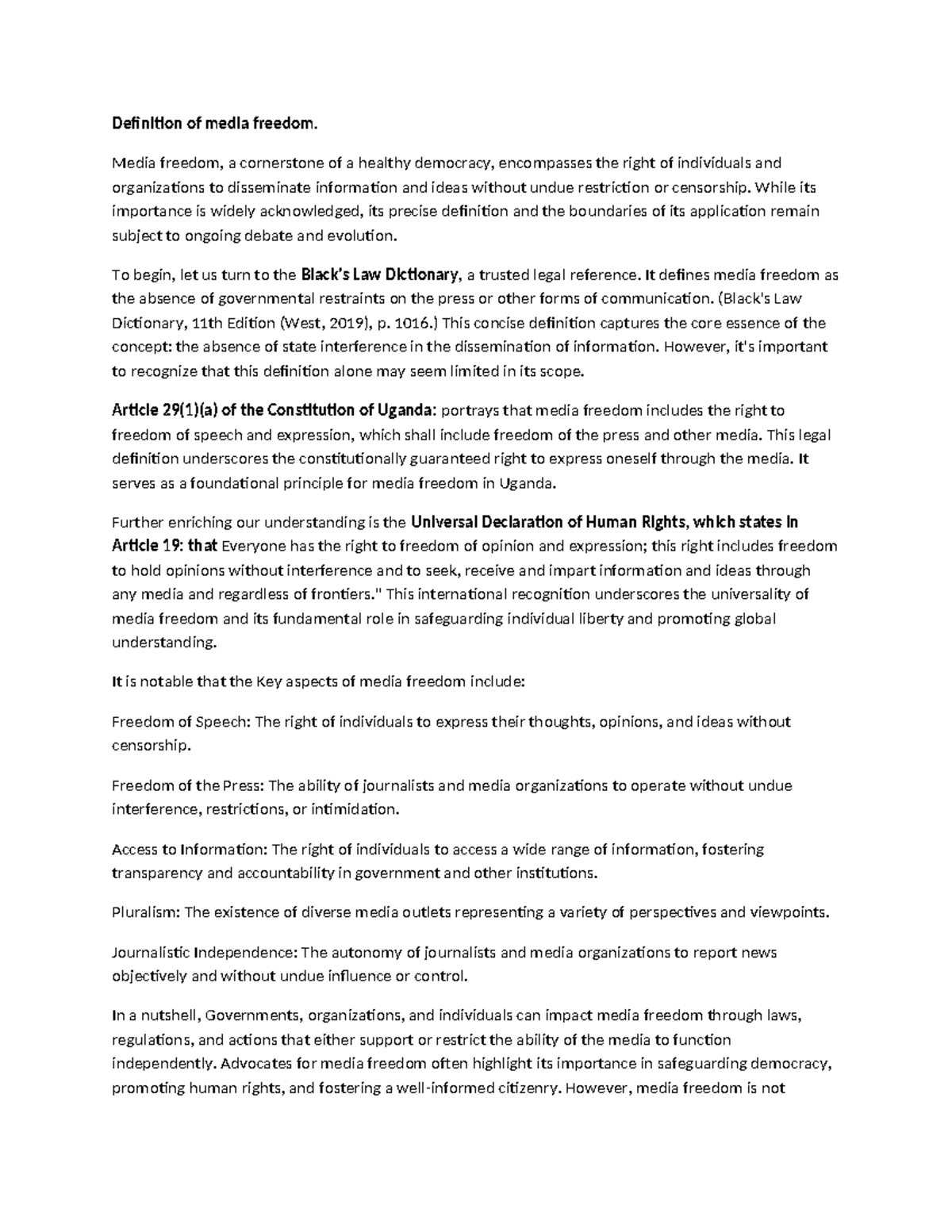 Media law in Uganda - Definition of media freedom. Media freedom, a ...