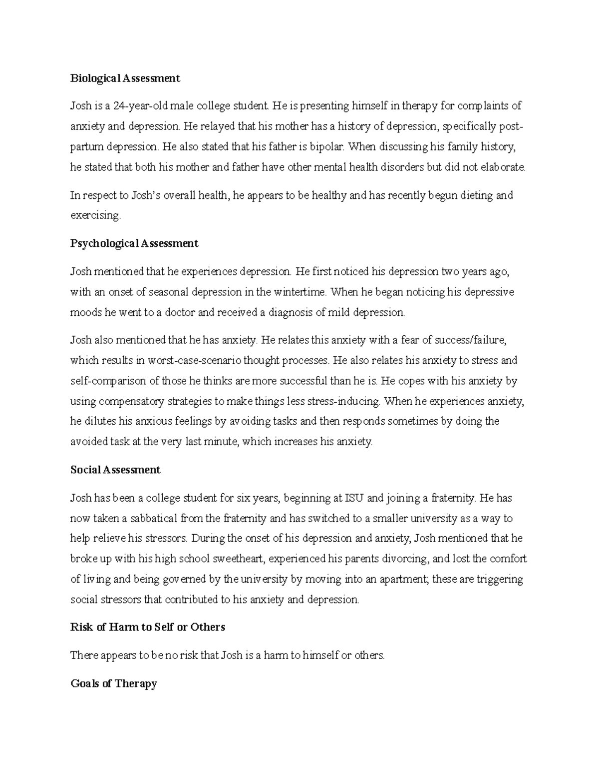 BHS-350 Topic 6 - Client Intake Report for Josh's Therapy Session - Studocu