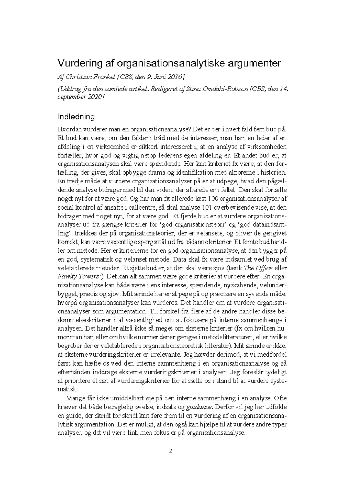 Vurdering af organisationsanalytiske argumenter: Argumentationmodellen ...