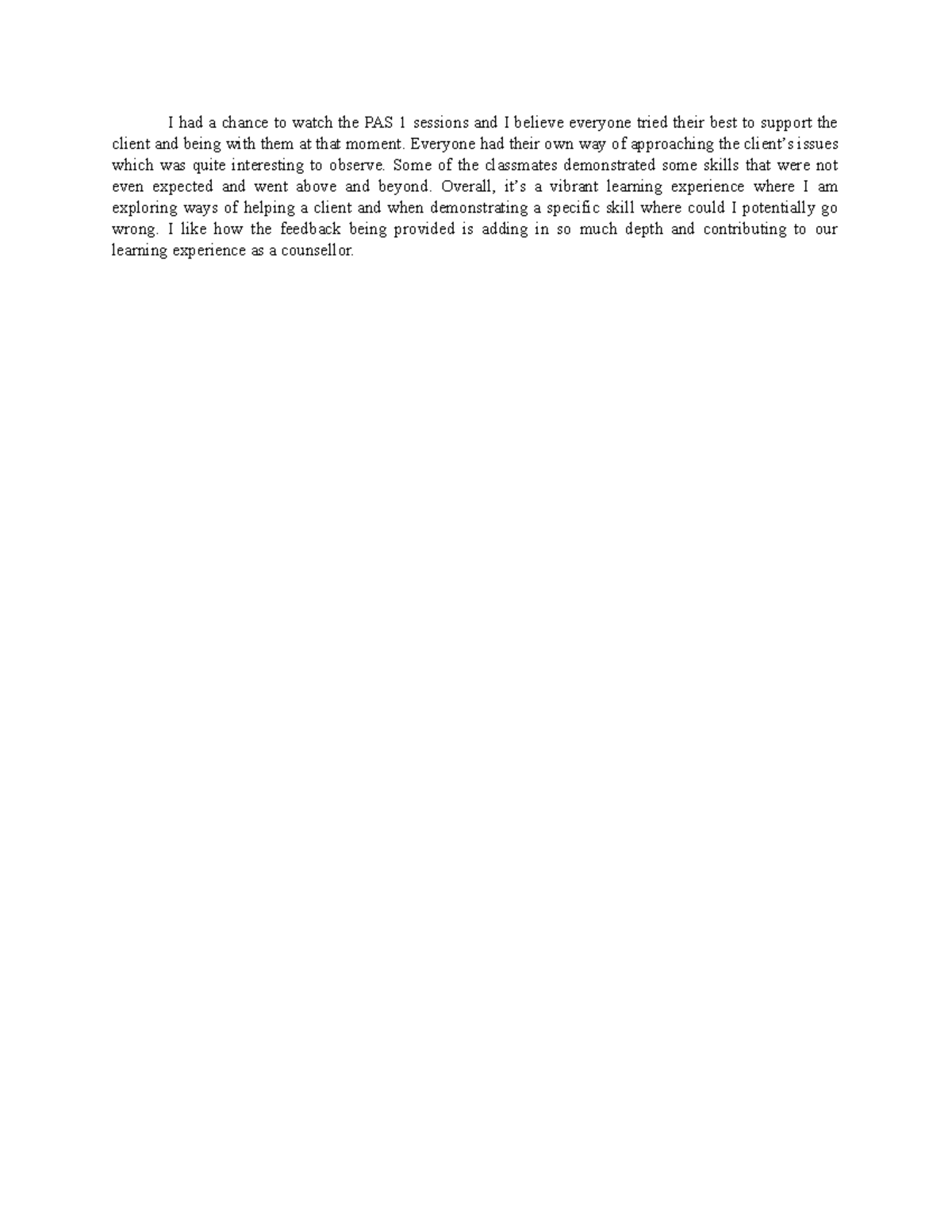 Journal 6 Reflection on PAS 1 Sessions and Client Support - Studocu