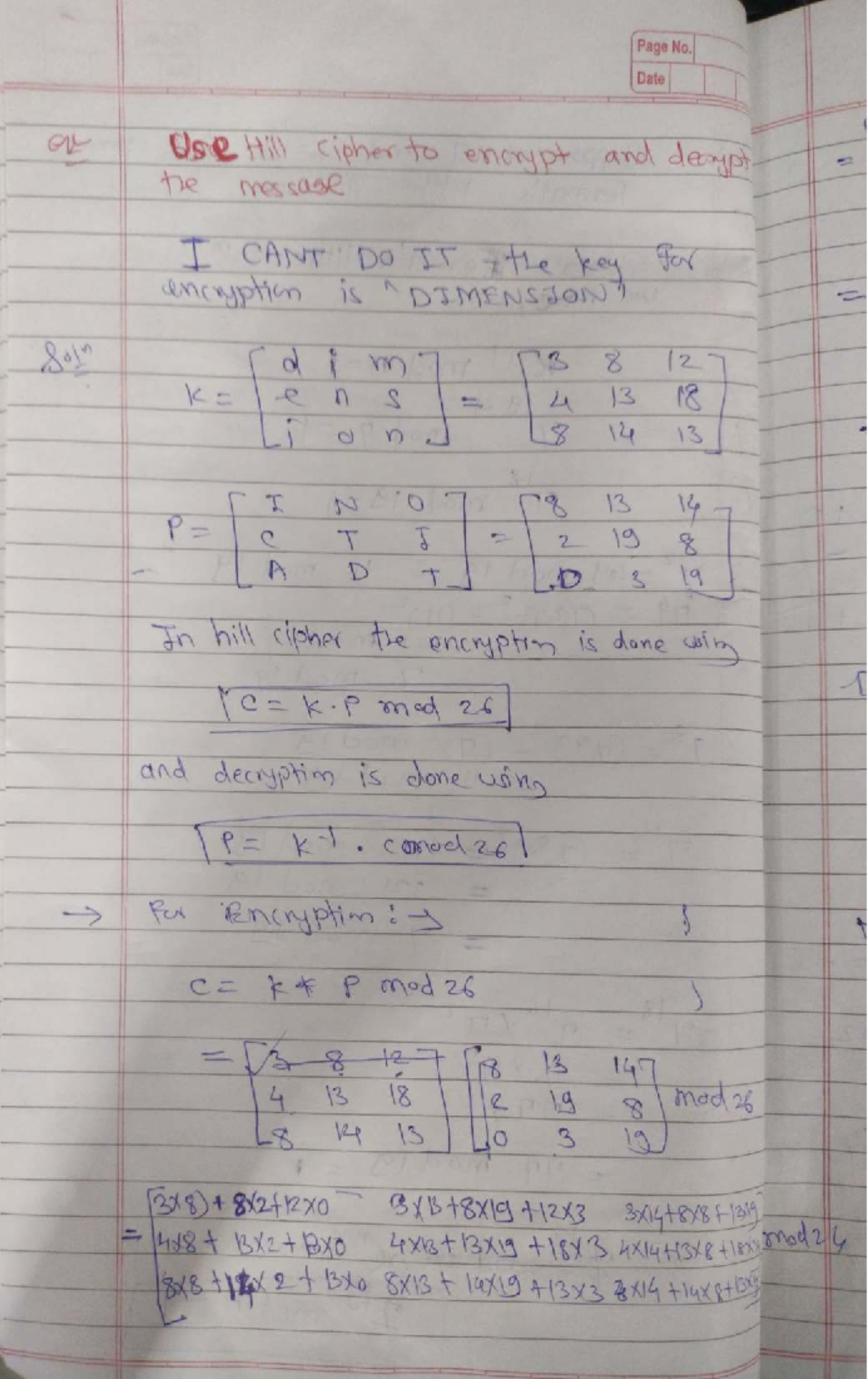 Hill Cipher Encryption and Decryption Notes (Course Code: SDX) - Studocu