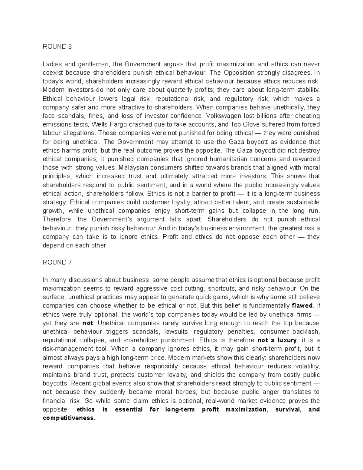 Fin674 Debate Script: Ethics vs. Profit Maximization - Studocu