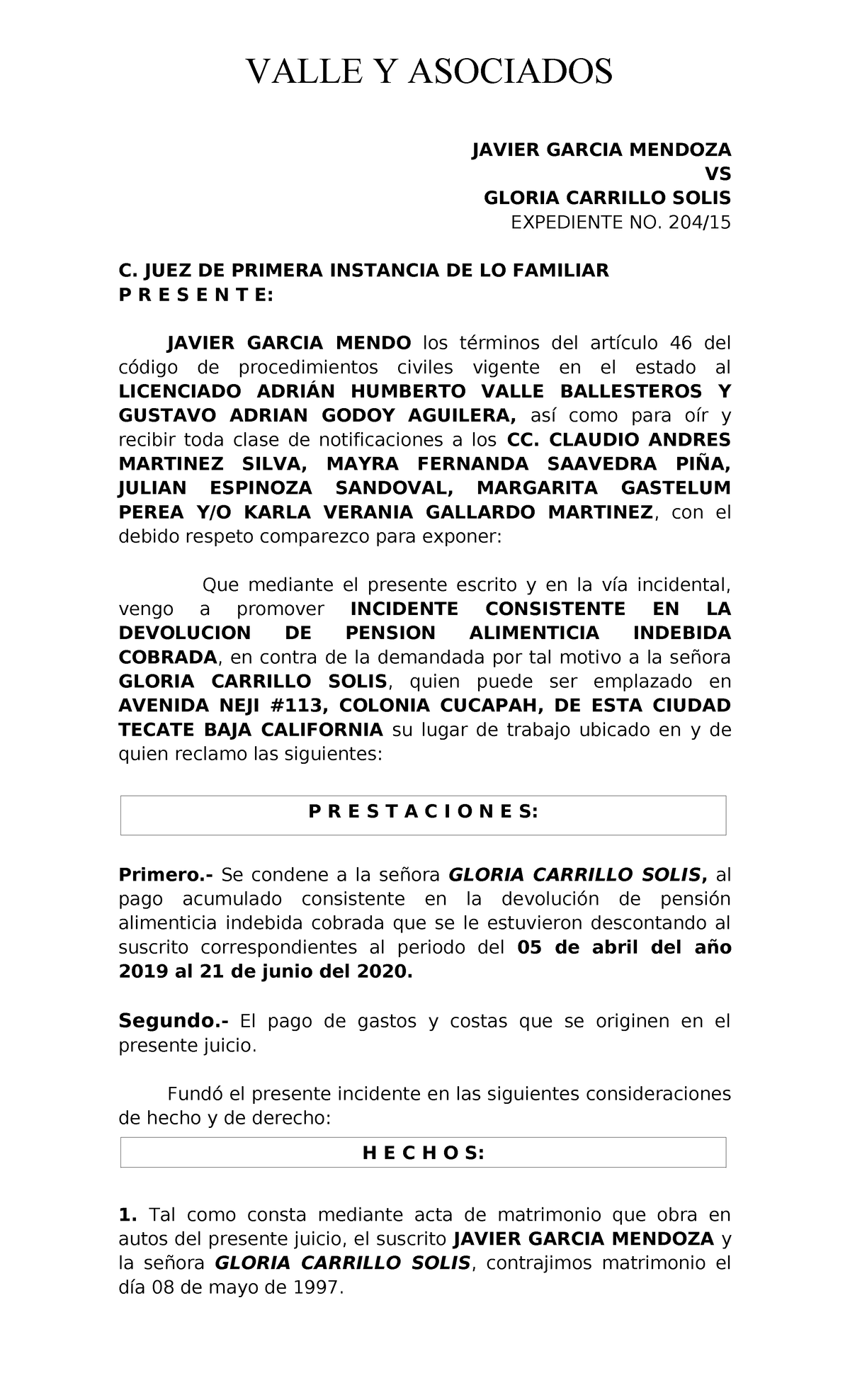 Incidente de Devolución de Pensión Alimenticia Indebida - Caso Javier Mendoza - Document Preview