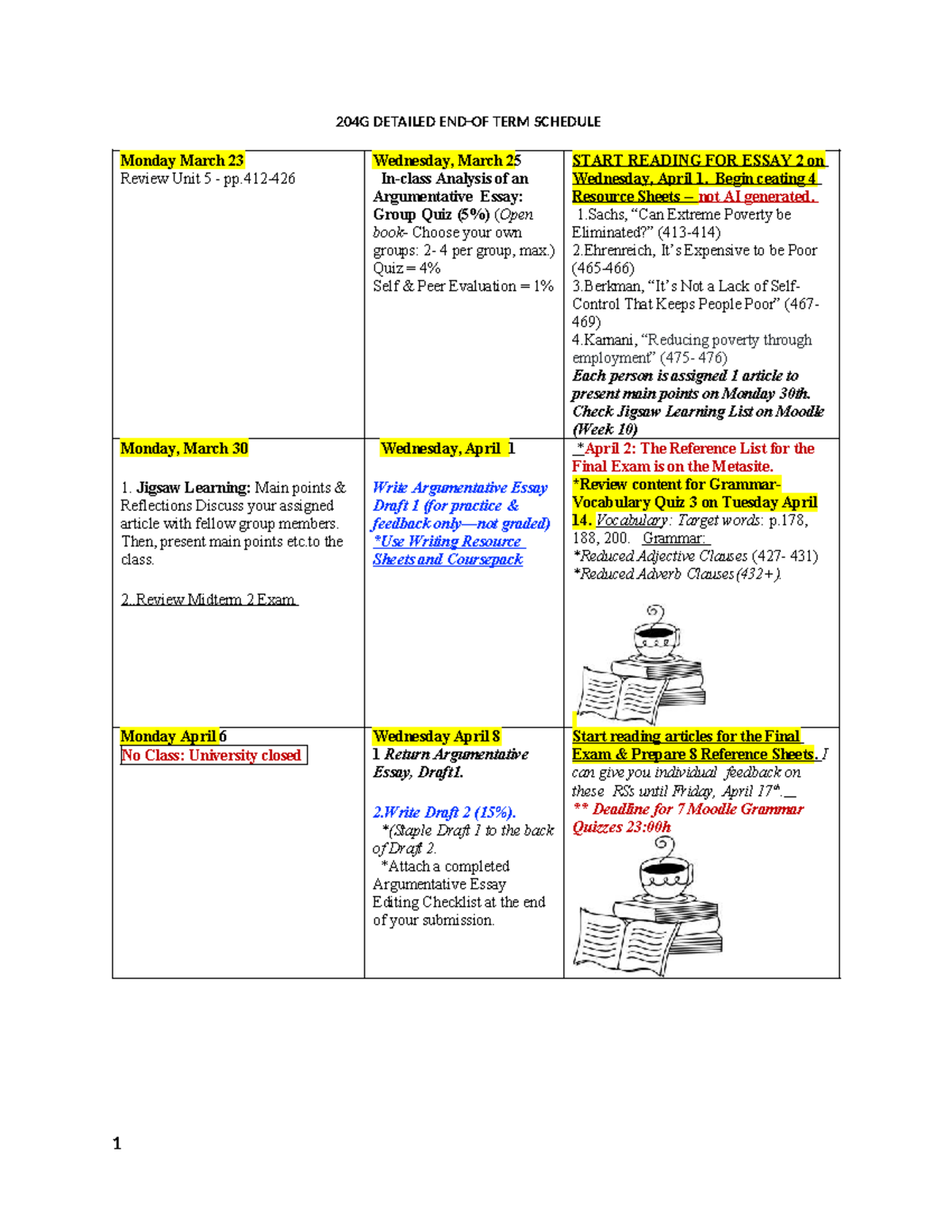 204G Detailed End-of-Term Schedule and Important Dates - Studocu