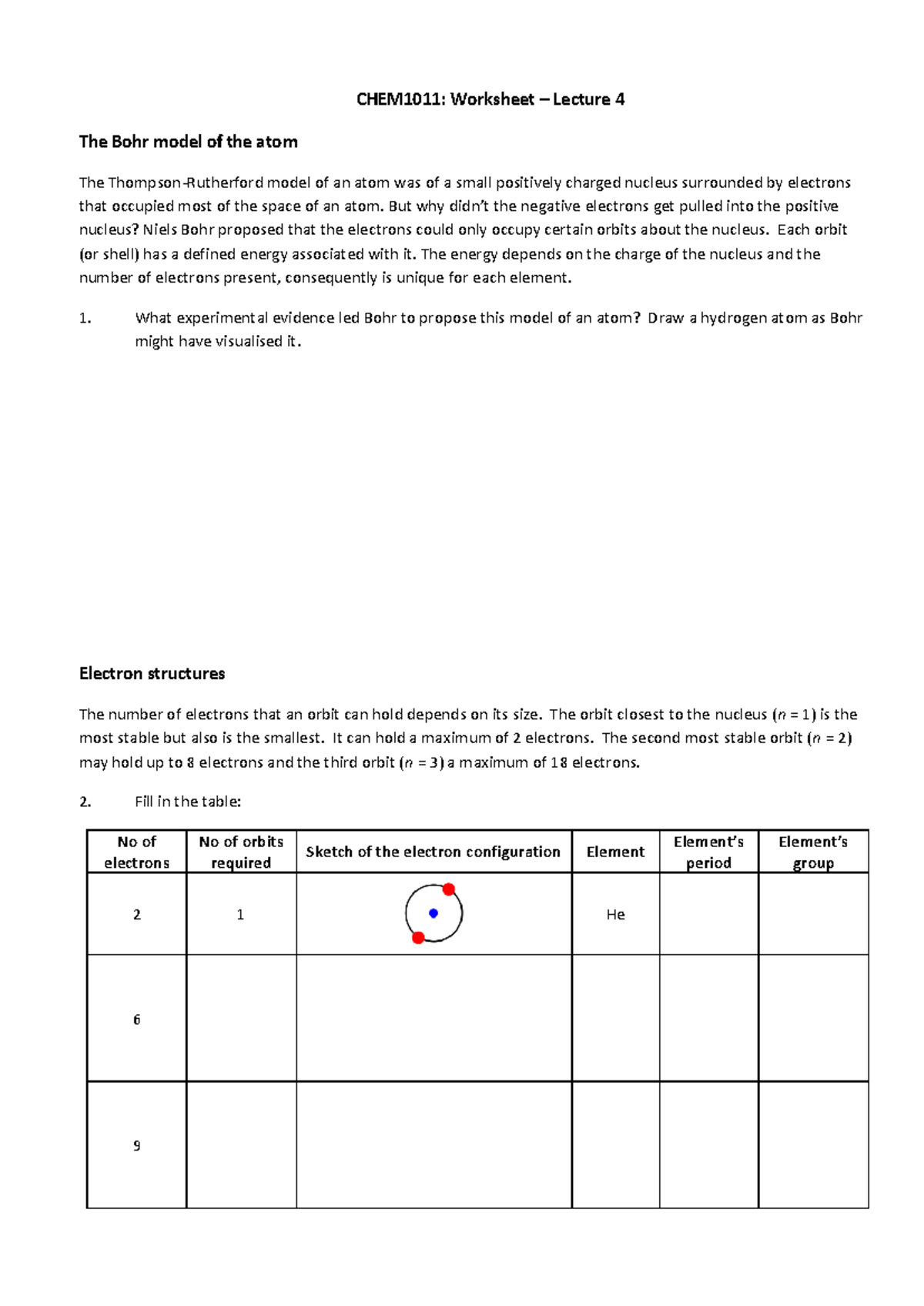 Worksheet 04 2025 - CHEM1011: Worksheet – Lecture 4 The Bohr model of ...