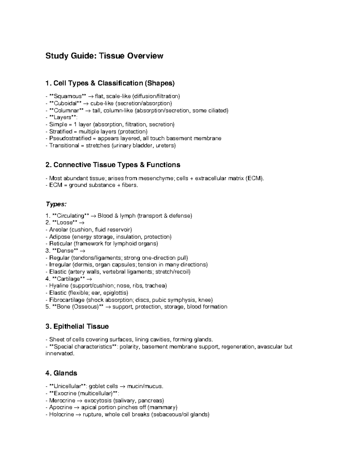 Biology 101 Final Exam Study Guide: Tissue Overview - Studocu