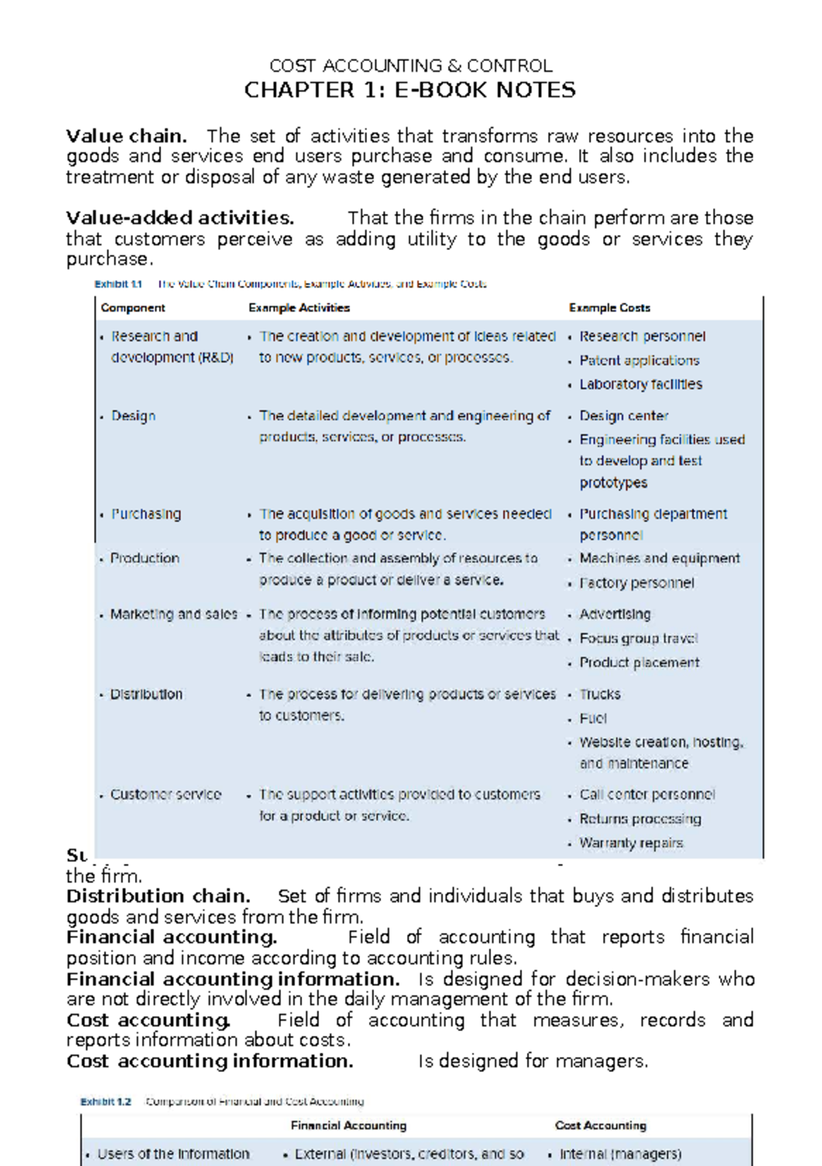 COST Accounting Lesson 1 & 2: Value Chain and Cost Concepts - Studocu