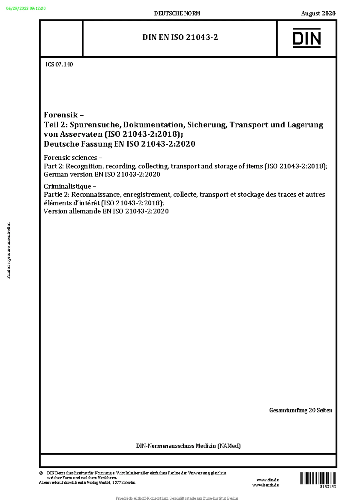 DIN EN ISO 21043 Forensik Teil 1: Begriffe und Definitionen - Studocu