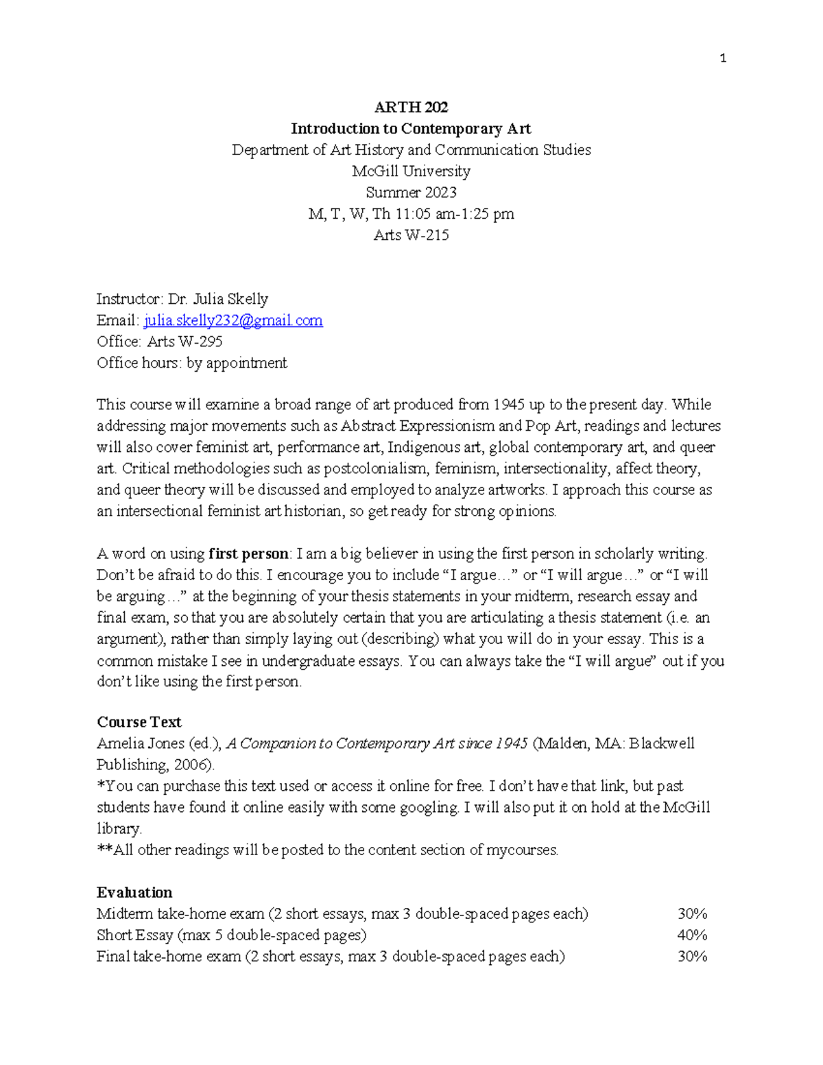 ARTH 202 Syllabus: Introduction to Contemporary Art - Summer 2023 - Studocu