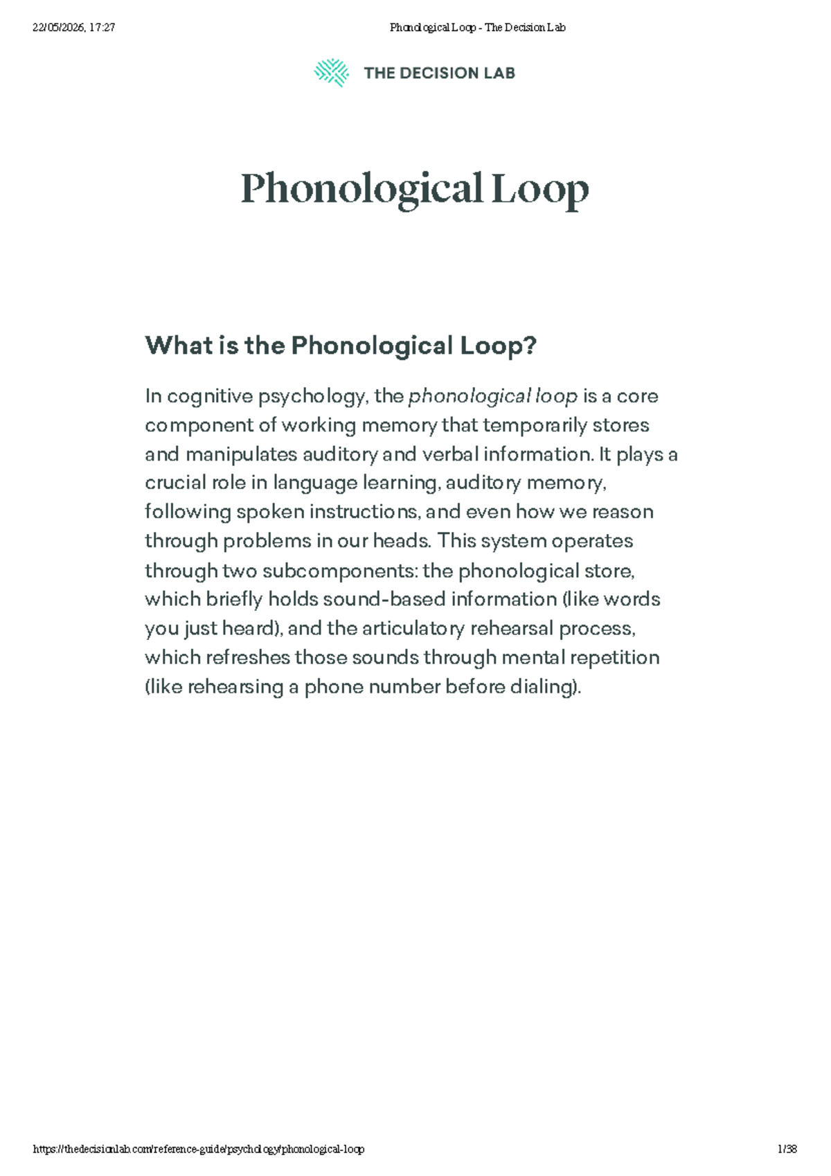 Phonological Loop: Understanding Its Role in Working Memory - Studocu