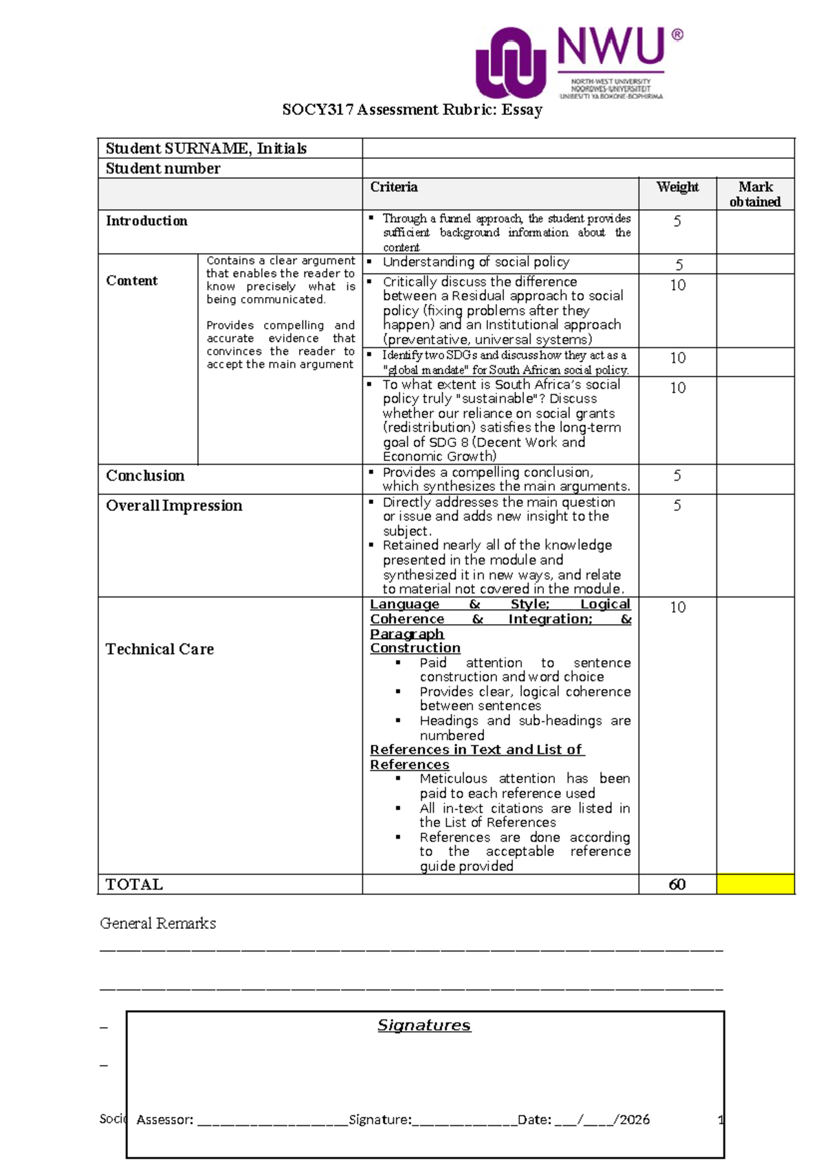 SOCY317 Essay Assessment Rubric for Individual Assignment 2026 - Studocu