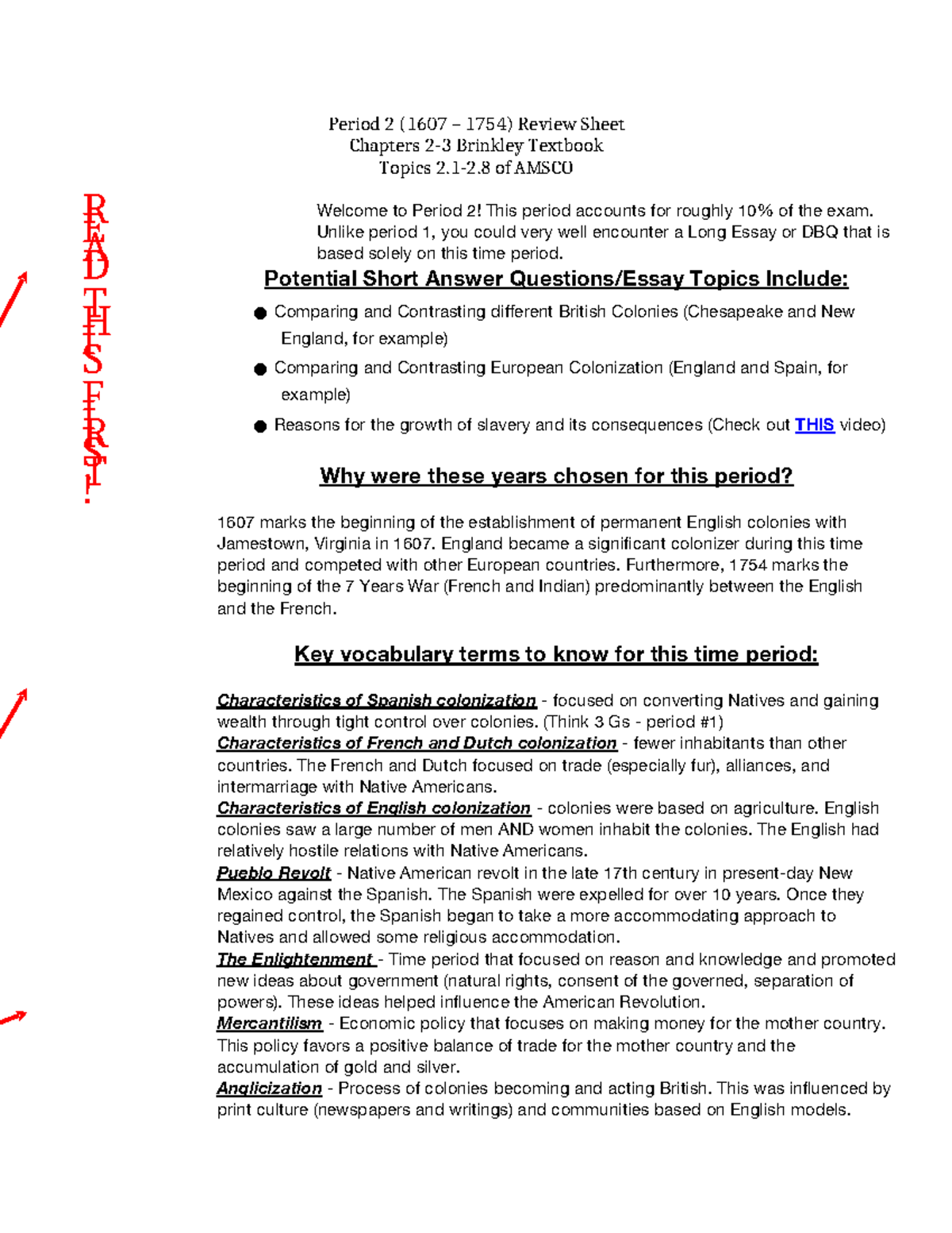 Period 2 (1607-1754) Review Sheet: Key Topics & Insights - Studocu