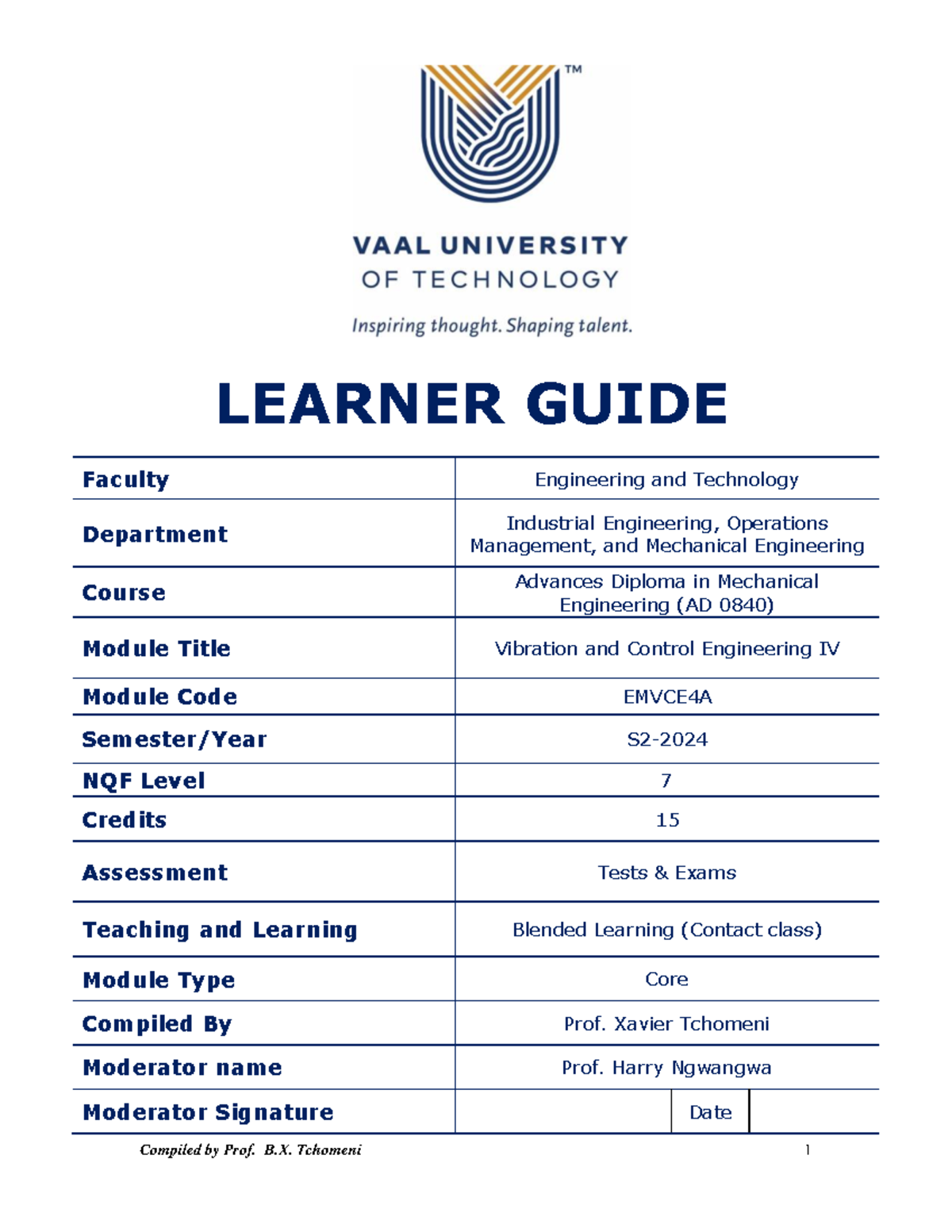 Vibration and Control Engineering IV (EMVCE4A) Learner Guide 2024 - Studocu