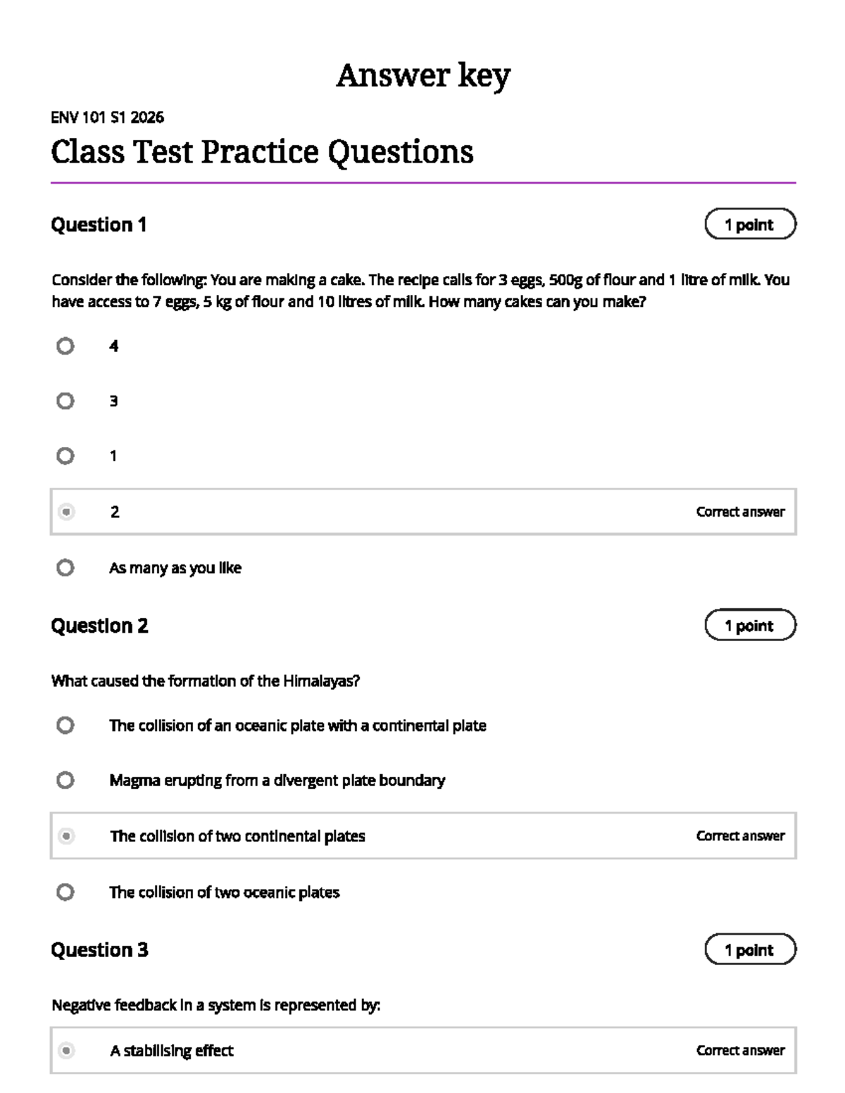 ENV 101 S1 2026 Class Test Practice Questions Answer Key - Studocu