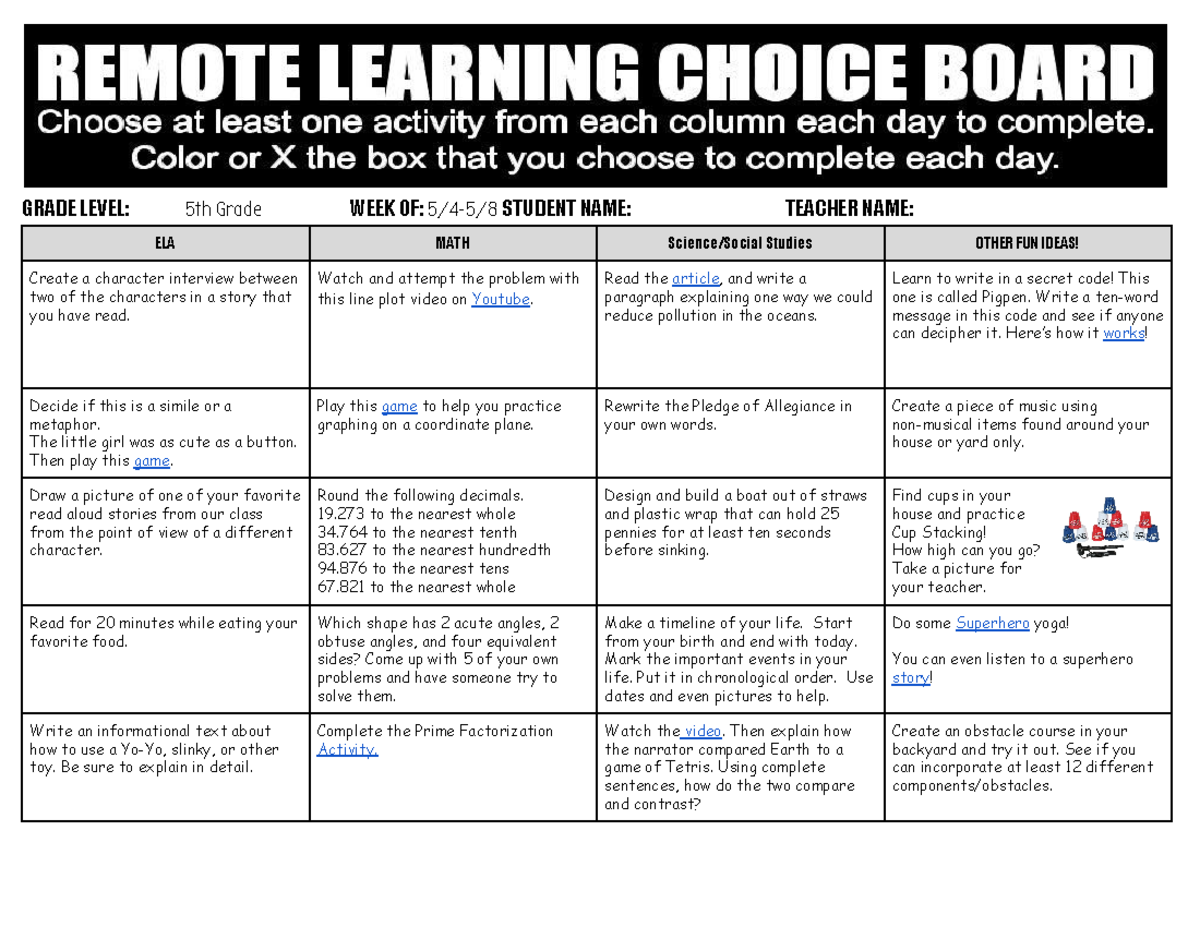 5th Grade - Week of 5/4 - Choice Board Activities and Ideas - Studocu