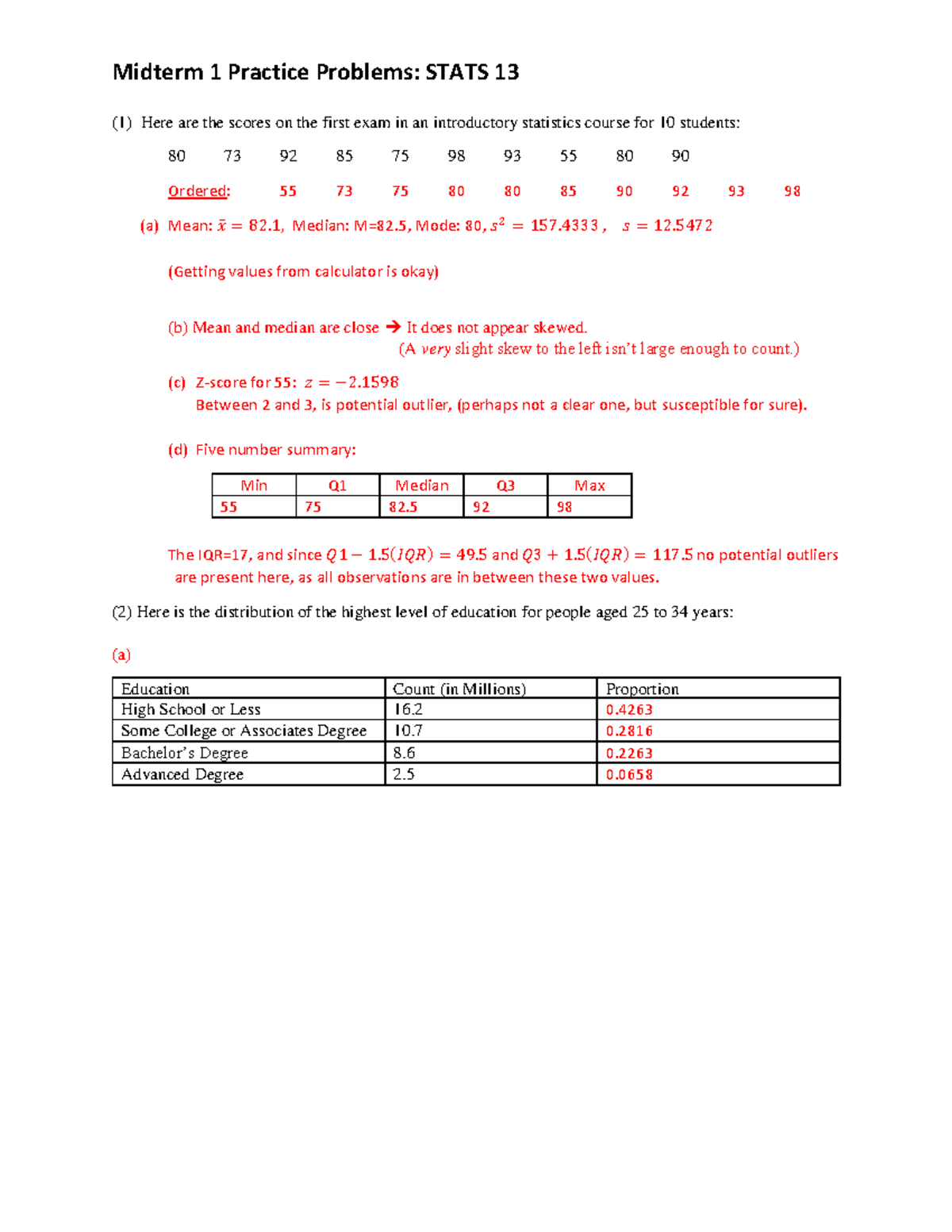 Midterm Exam Sample S25 Solutions - Statistics Practice Questions - Studocu