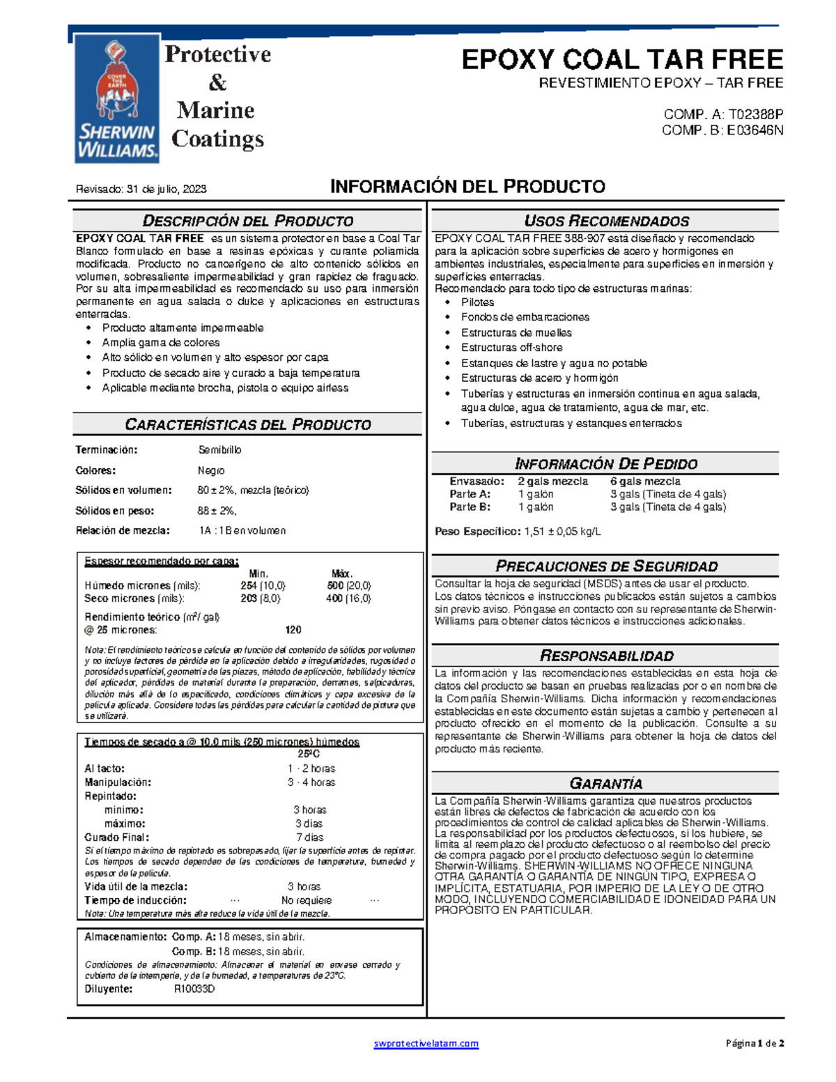 Ficha Técnica T02388: EPOXY COAL TAR FREE - Protección Marina - Studocu